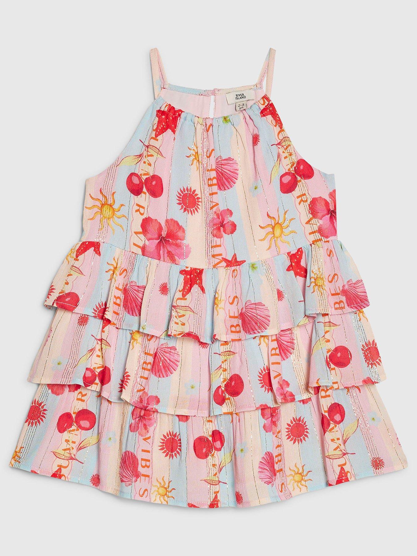 Image 1 of 4 of River Island Mini Girls La Mer Beach Print Dress - Blue/Pink