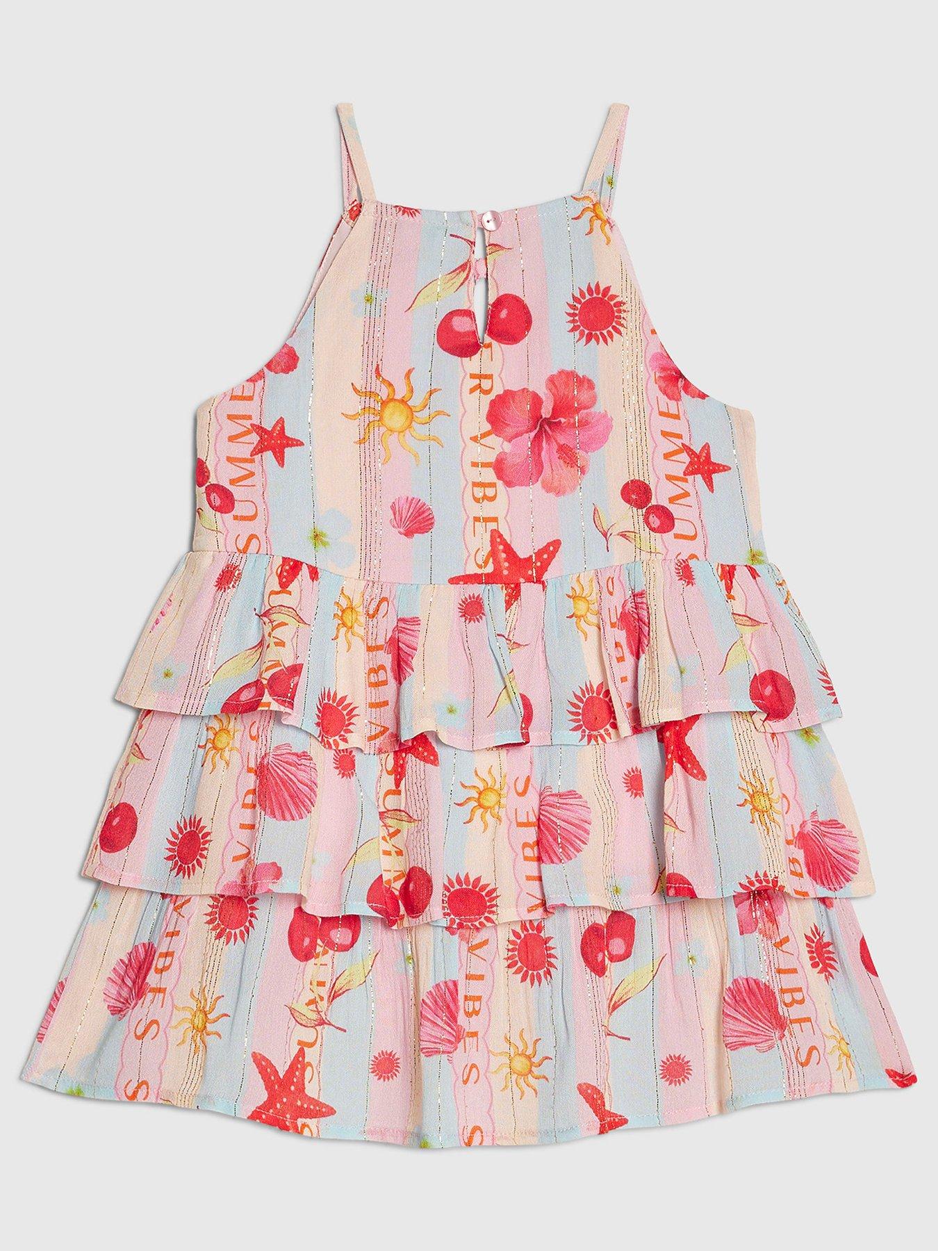 Image 2 of 4 of River Island Mini Girls La Mer Beach Print Dress - Blue/Pink