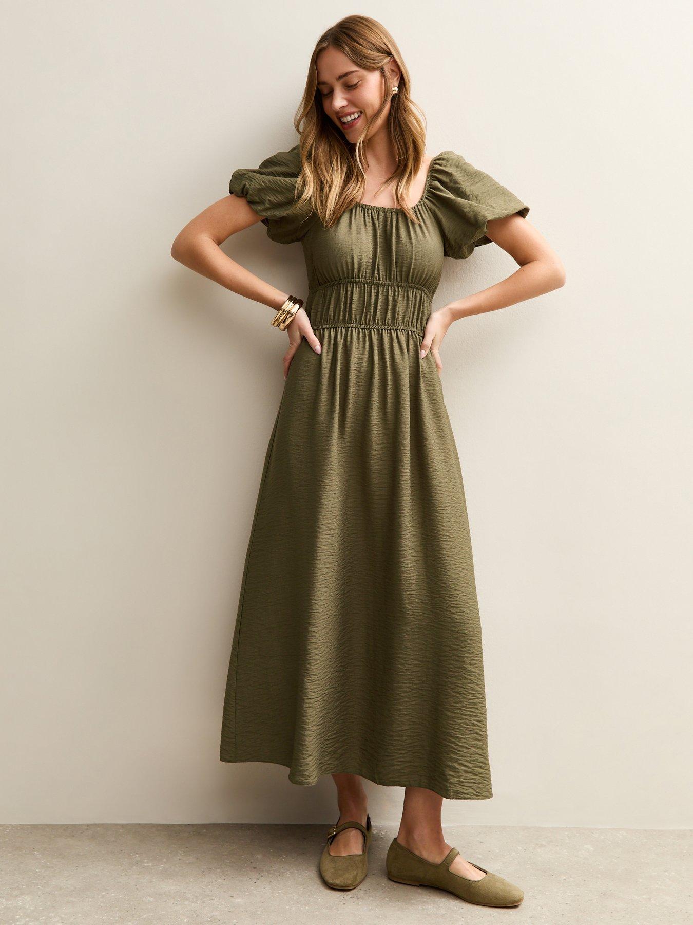 New Look Khaki Milkmaid Midi Dress - Green