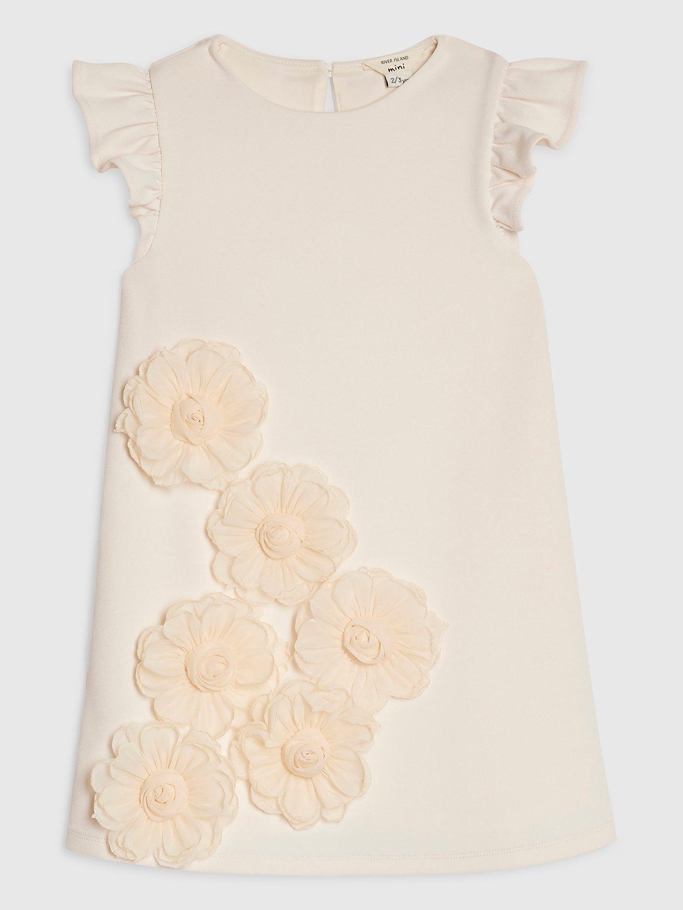 River Island Mini Girls Rosette Shift Dress, Cream, Size Age: 18-24 Months