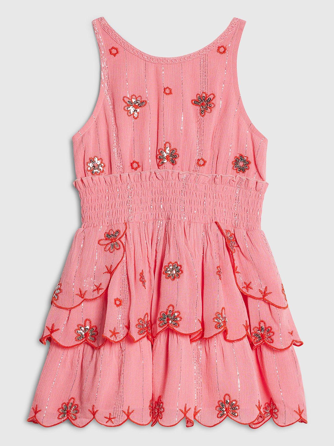 Image 1 of 4 of River Island Mini Girls Scalloped Sequin Beach Dress - Pink