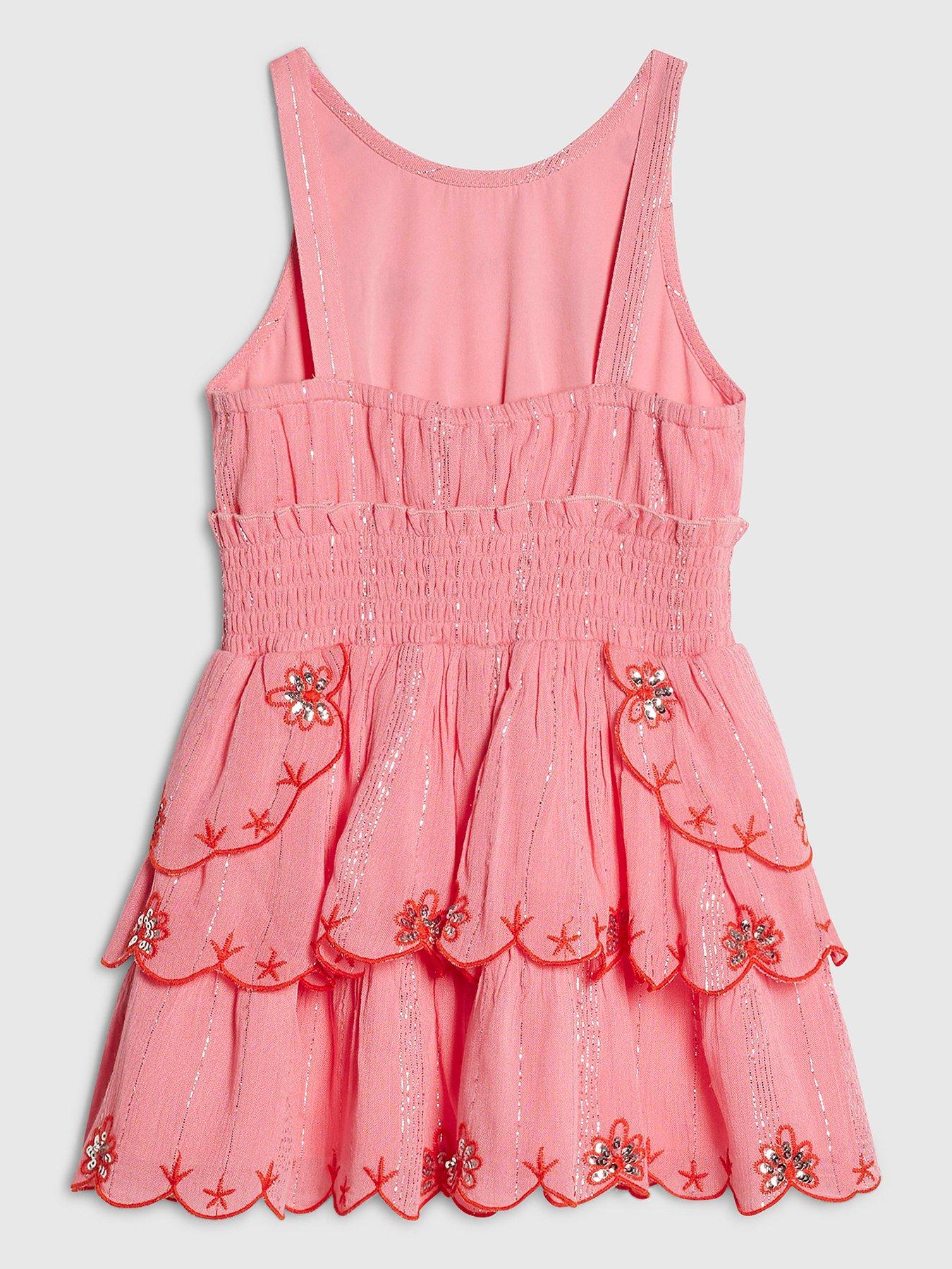 Image 2 of 4 of River Island Mini Girls Scalloped Sequin Beach Dress - Pink