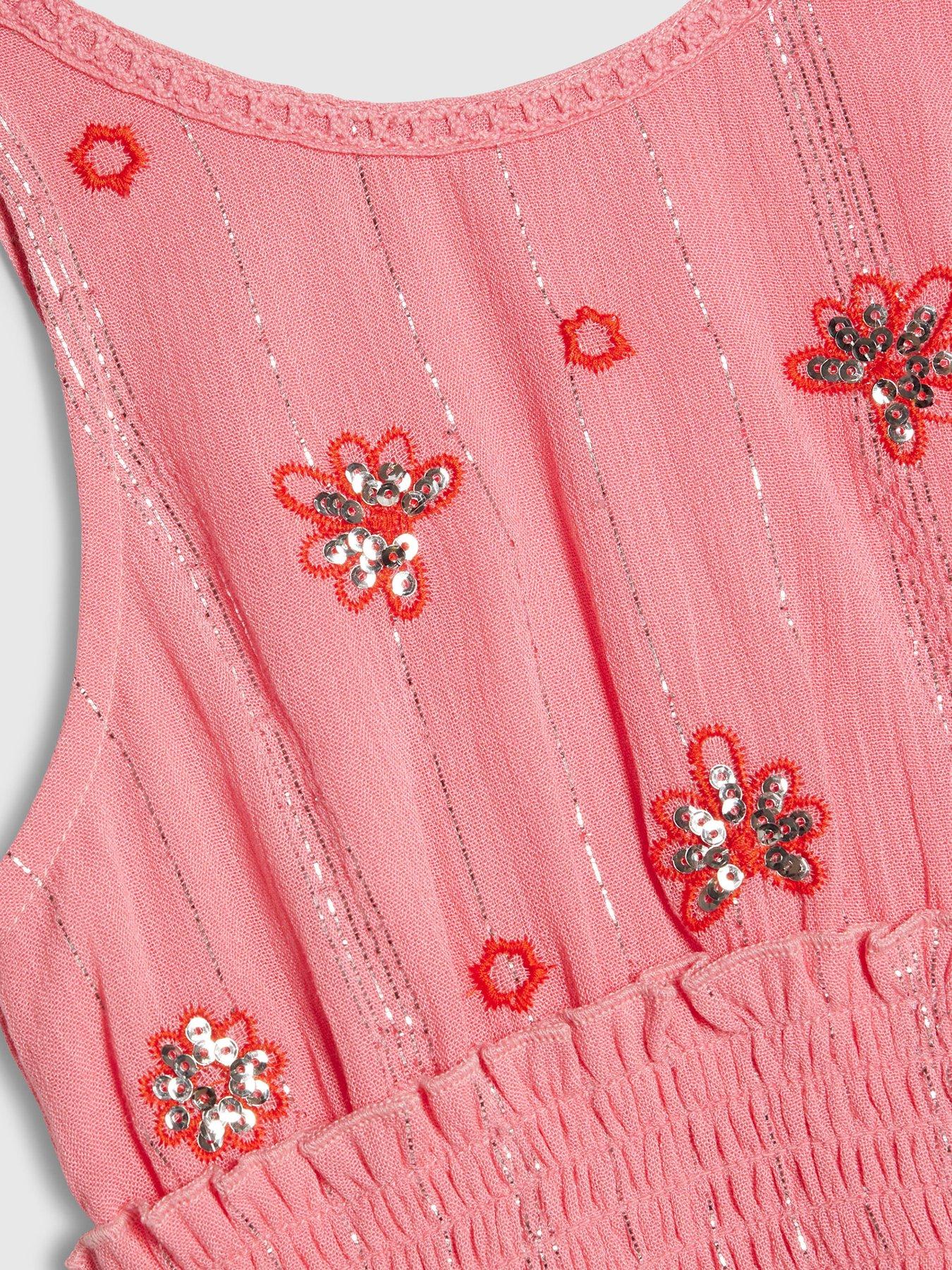 Image 3 of 4 of River Island Mini Girls Scalloped Sequin Beach Dress - Pink