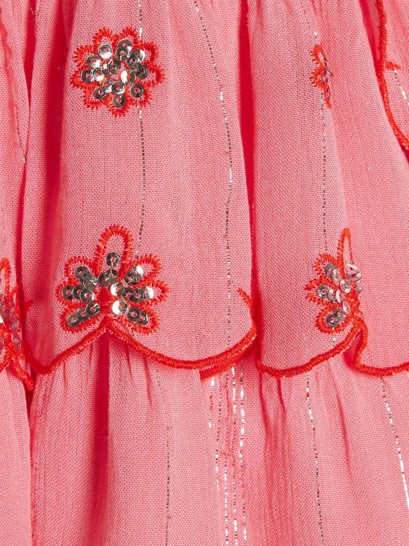 Image 4 of 4 of River Island Mini Girls Scalloped Sequin Beach Dress - Pink