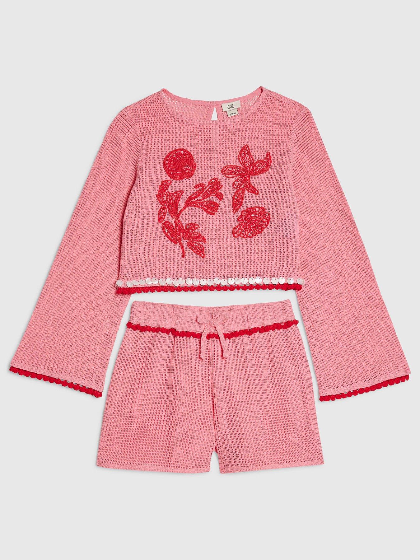 River Island Older Girls Beaded Crochet Shorts Set - Pink