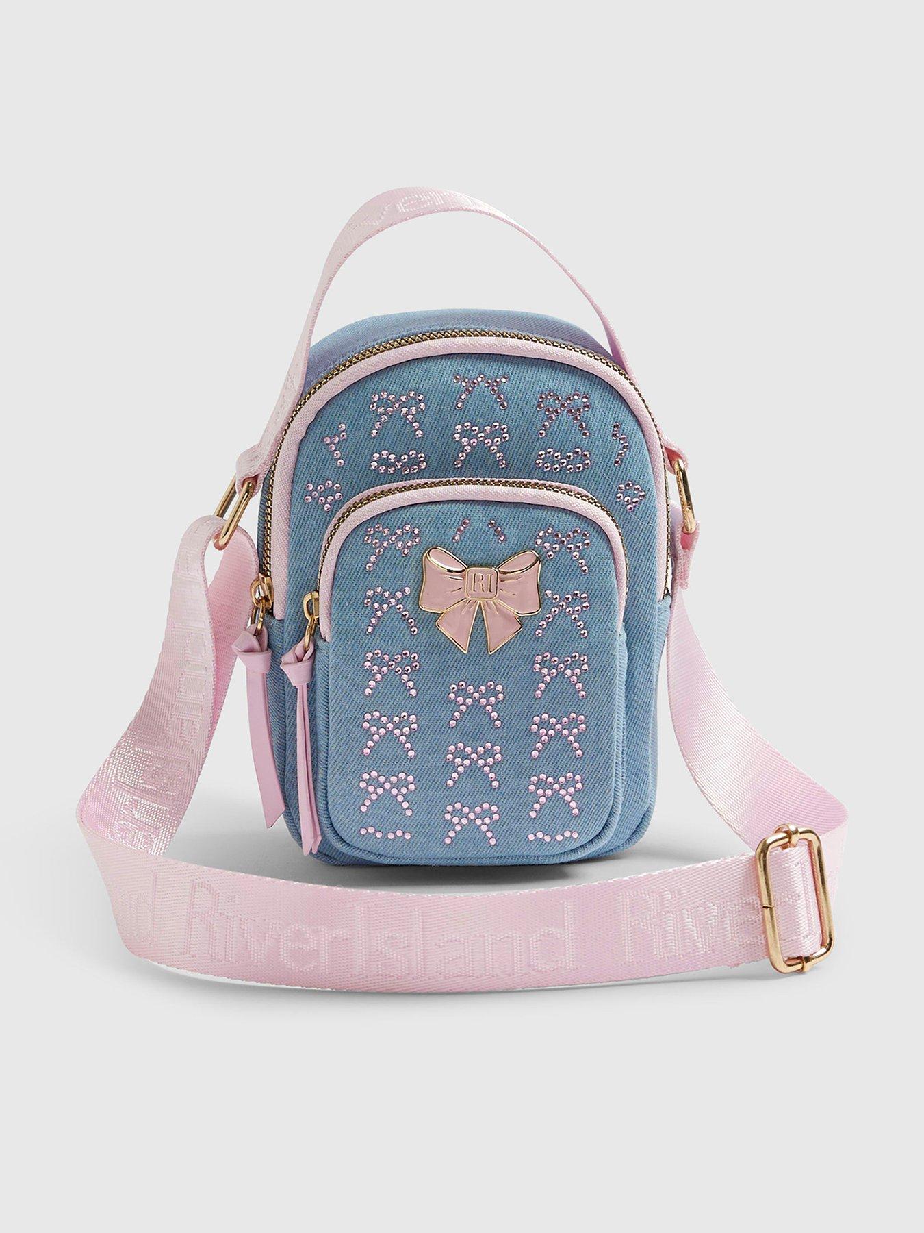 River Island Older Girls Denim Diamante Bow Cross Body Bag - Blue