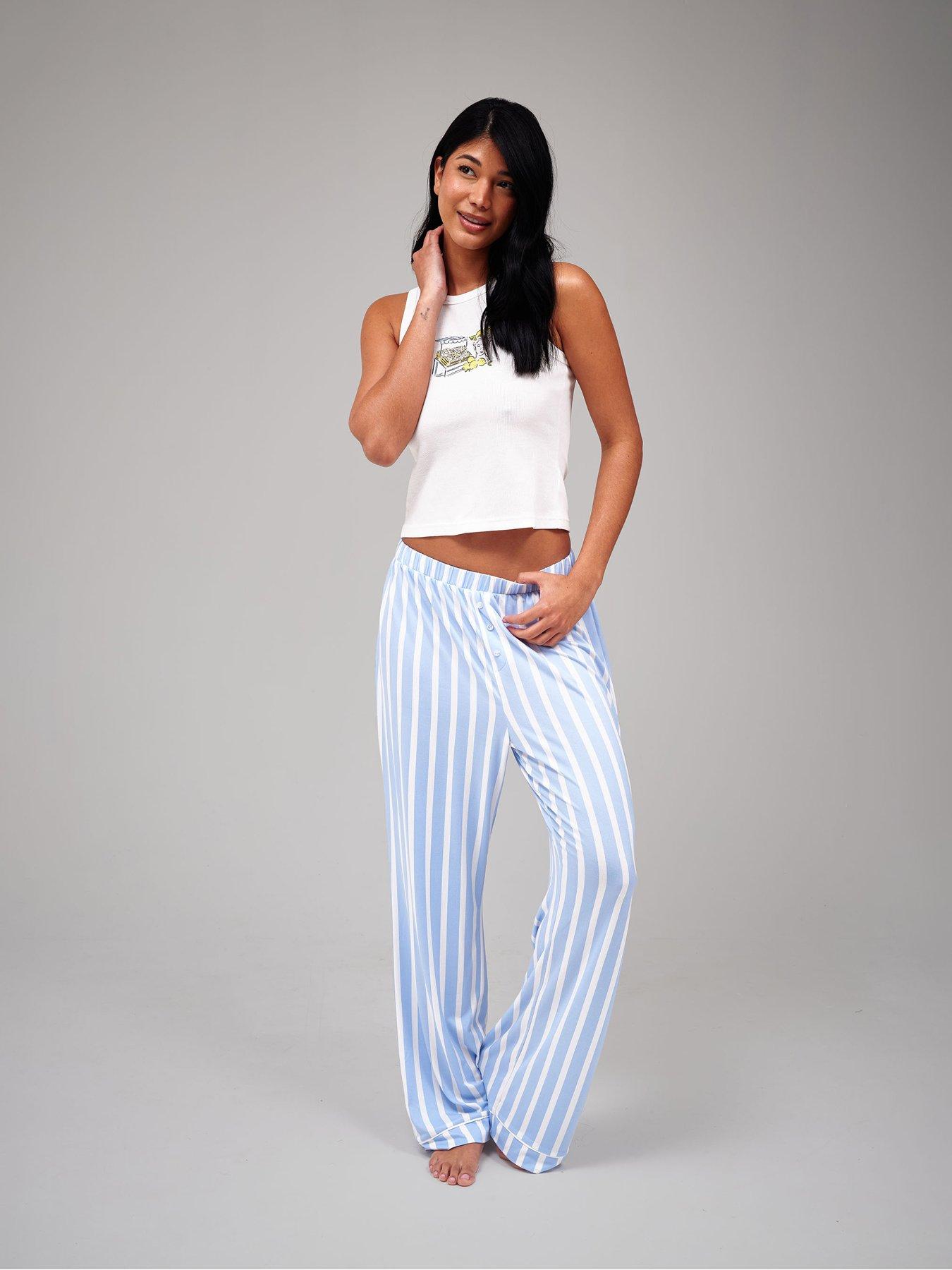 Loungeable Lemon Print Rib Vest & Jersey Trouser Pyjama Set, Blue, Size S, Women