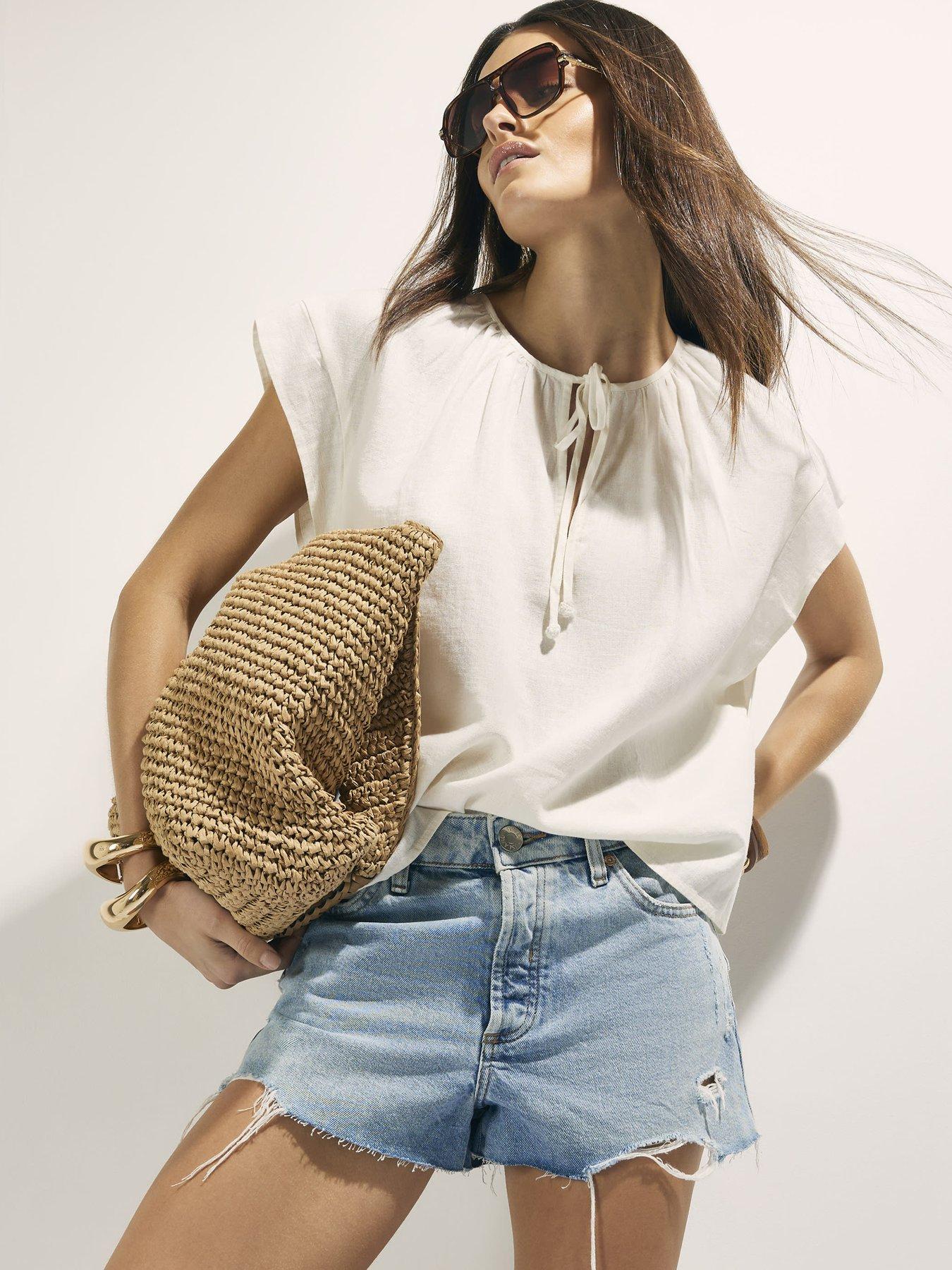 River Island Linen Blend Tie Neck Top - White
