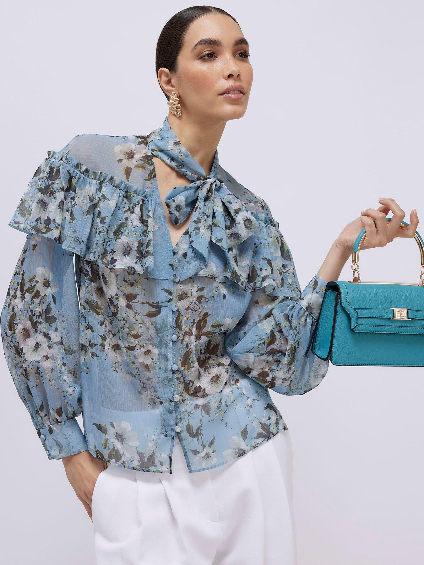 Image 1 of 4 of River Island Ruffle Dl Tie Neck Blouse - Blue