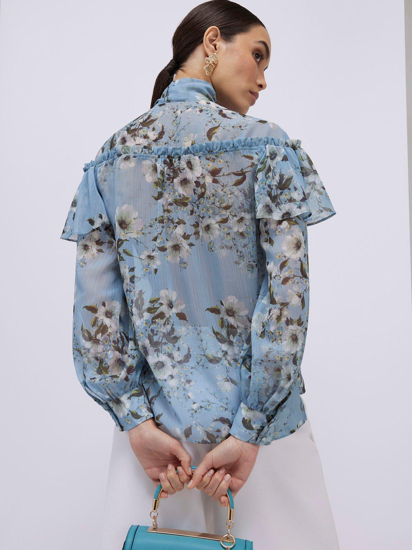 Image 2 of 4 of River Island Ruffle Dl Tie Neck Blouse - Blue