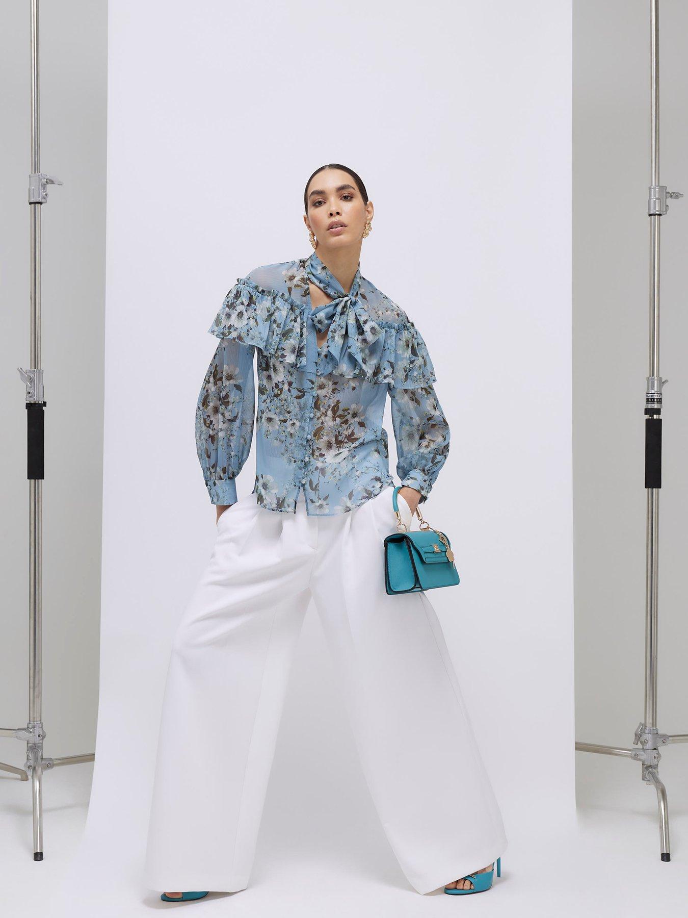 Image 3 of 4 of River Island Ruffle Dl Tie Neck Blouse - Blue