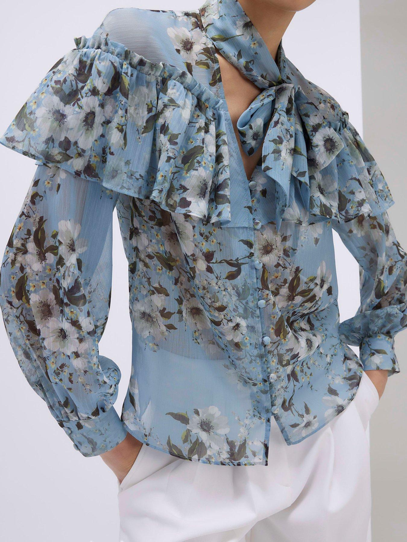Image 4 of 4 of River Island Ruffle Dl Tie Neck Blouse - Blue