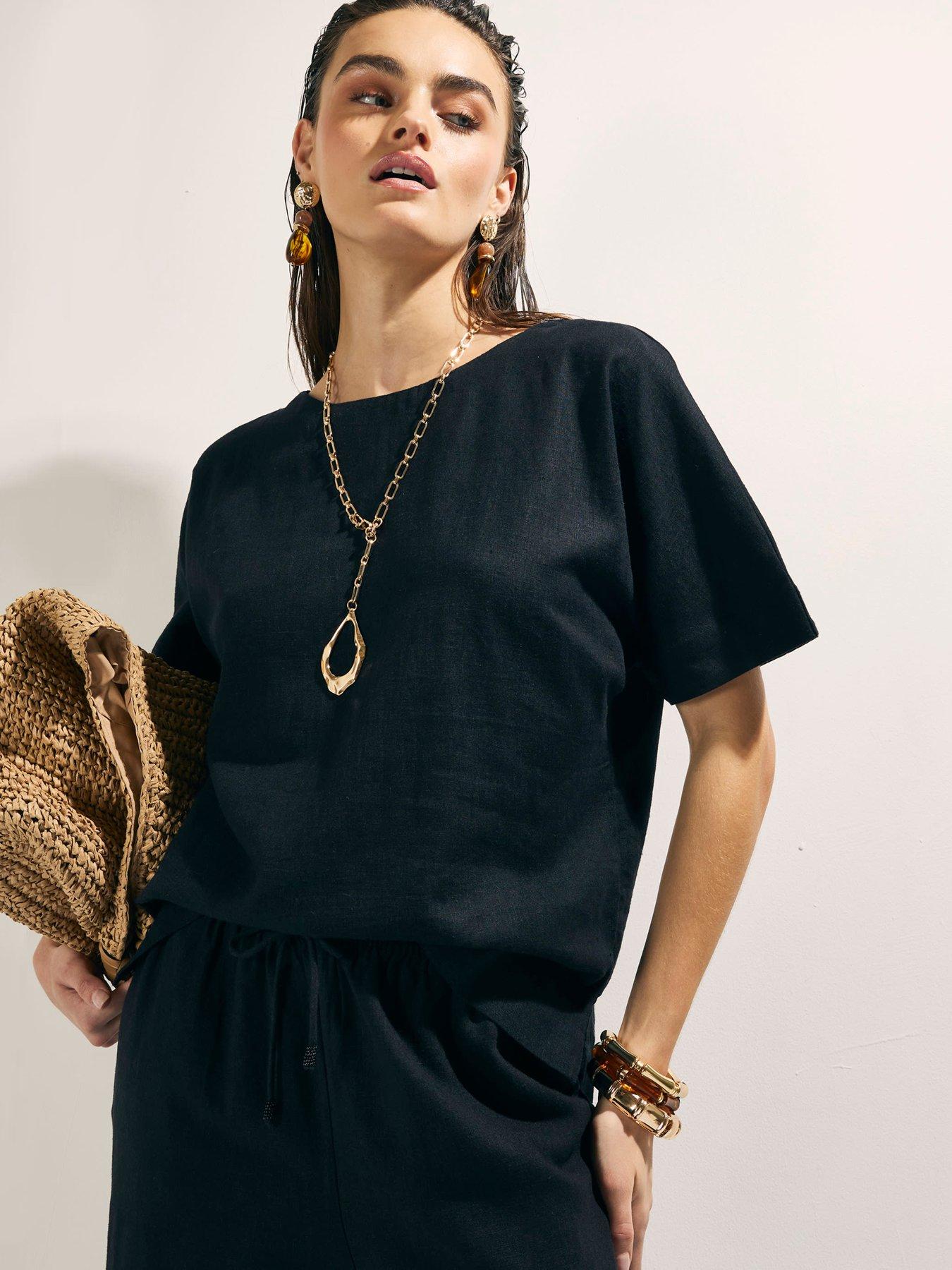 Image 1 of 4 of River Island Linen Blend Short Sleeve Top - Black