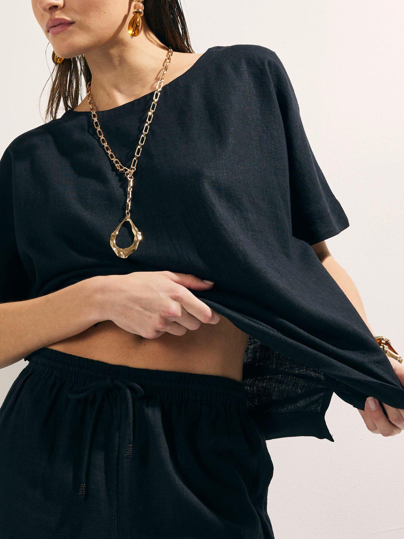 Image 4 of 4 of River Island Linen Blend Short Sleeve Top - Black