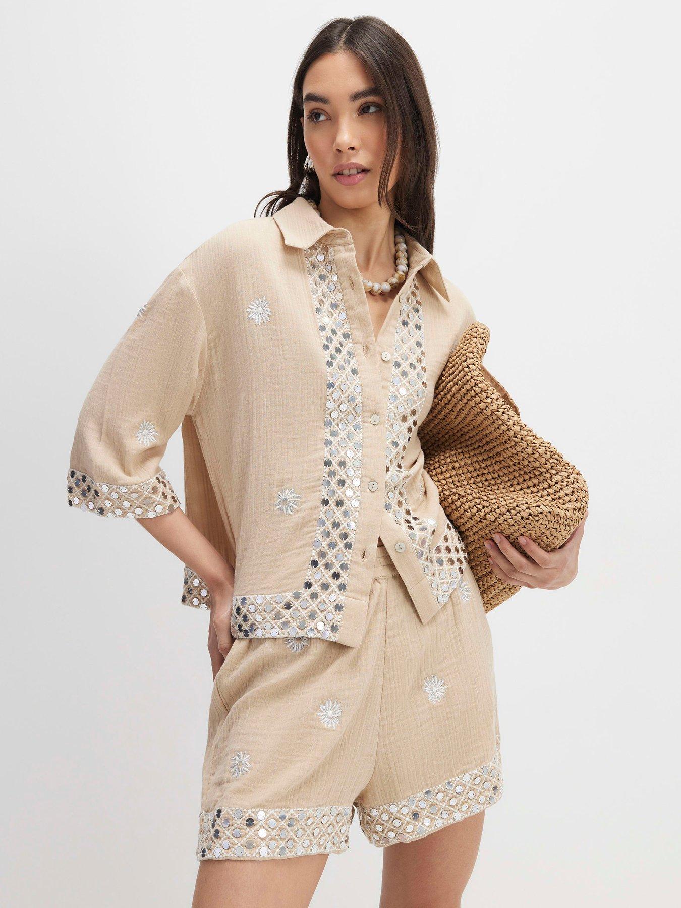 Image 1 of 4 of River Island Sequin Embellished Beach Shirt - Beige