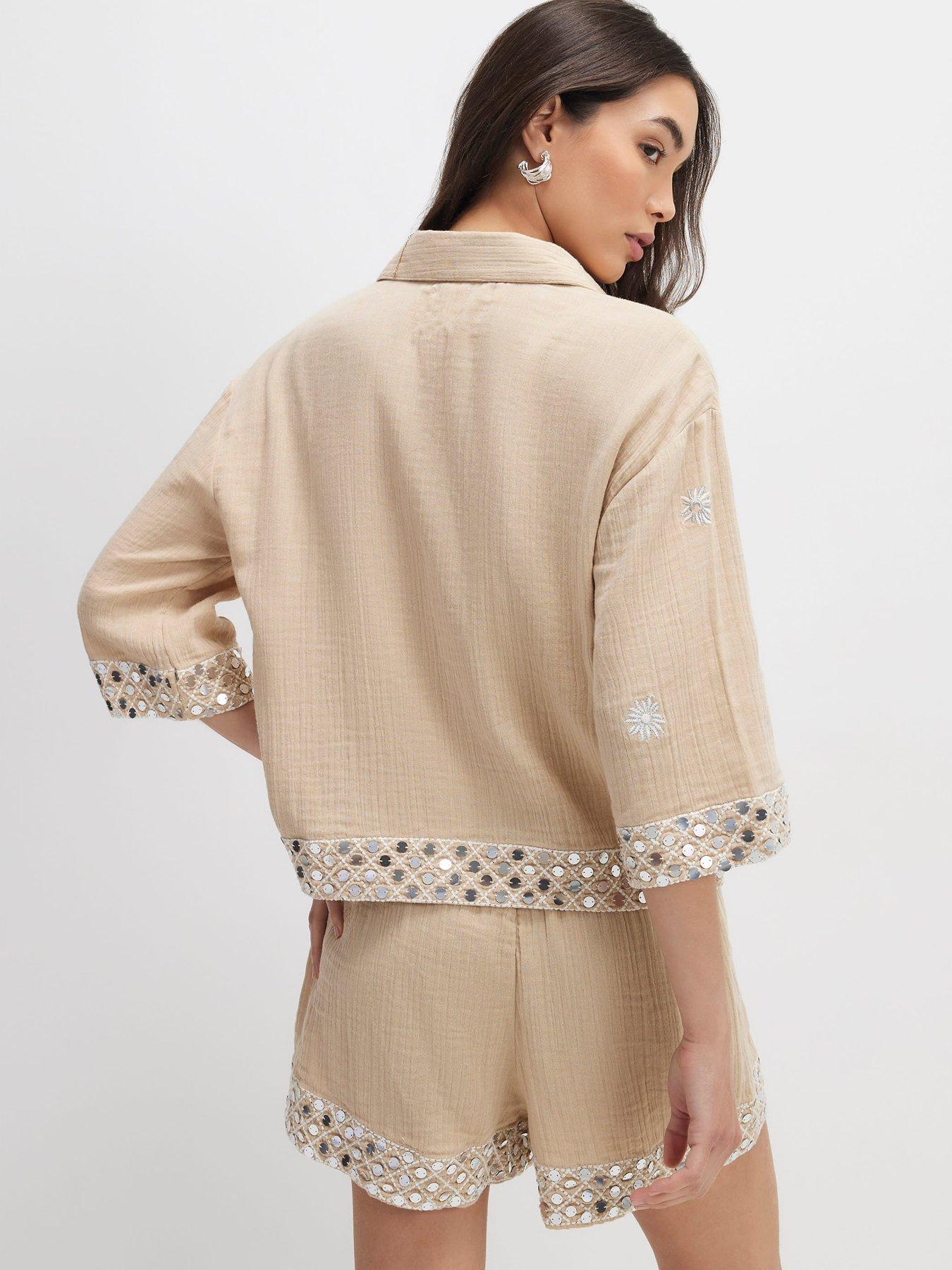 Image 2 of 4 of River Island Sequin Embellished Beach Shirt - Beige