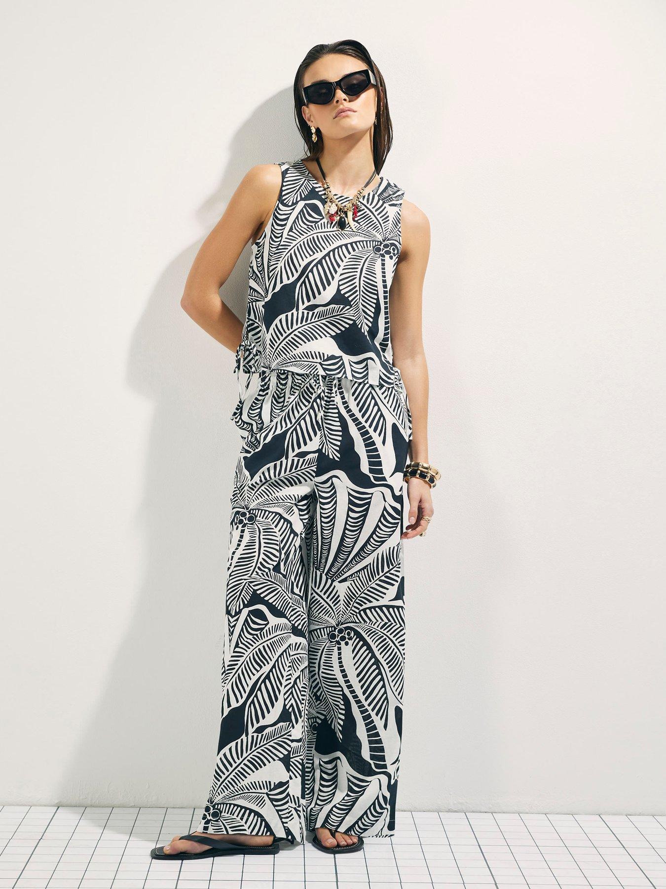 Image 3 of 4 of River Island Linen Blend Palm Print Tank Top - Black