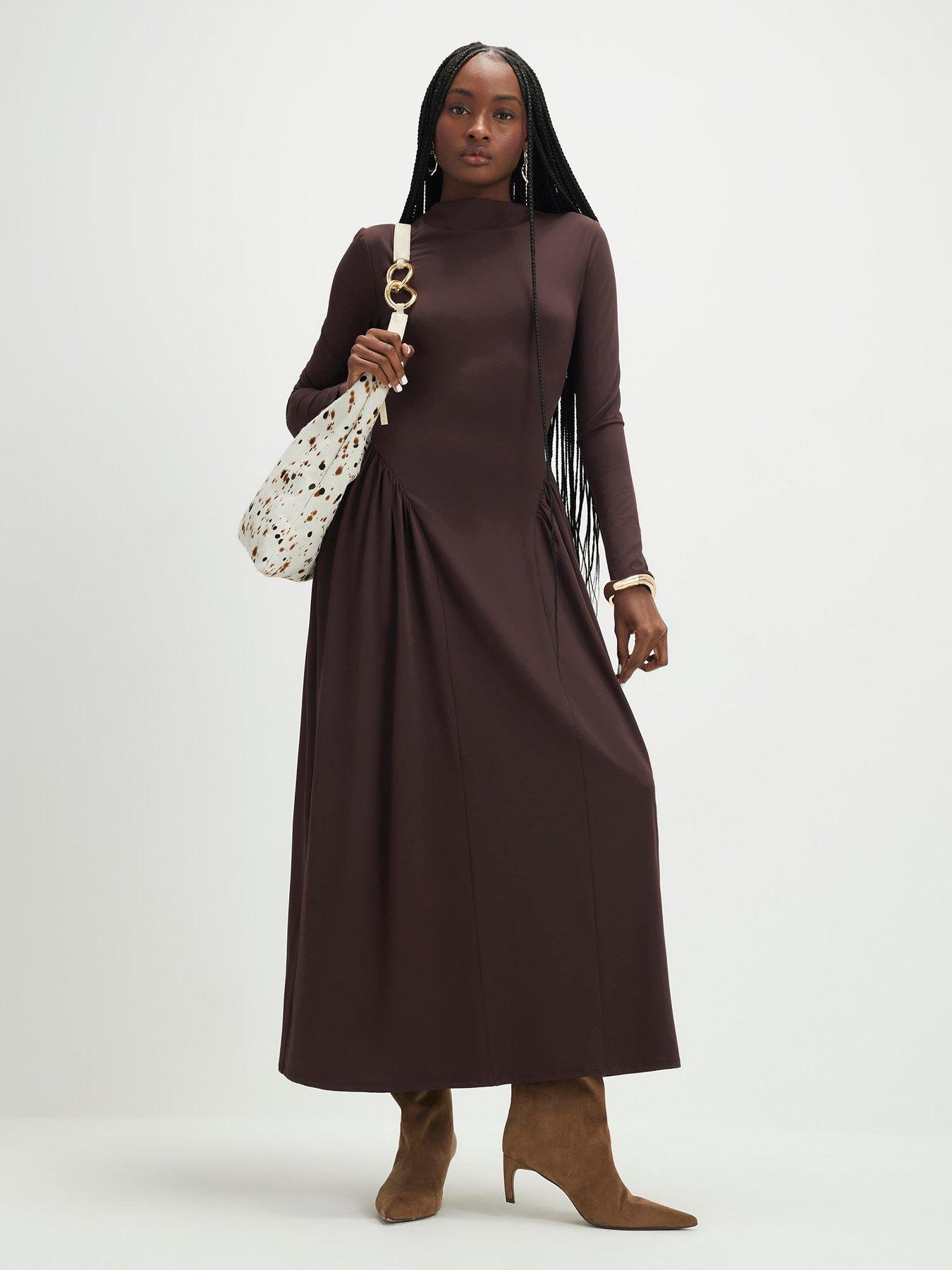 River Island Long Sleeve High Neck Waisted Maxi Dress - Brown