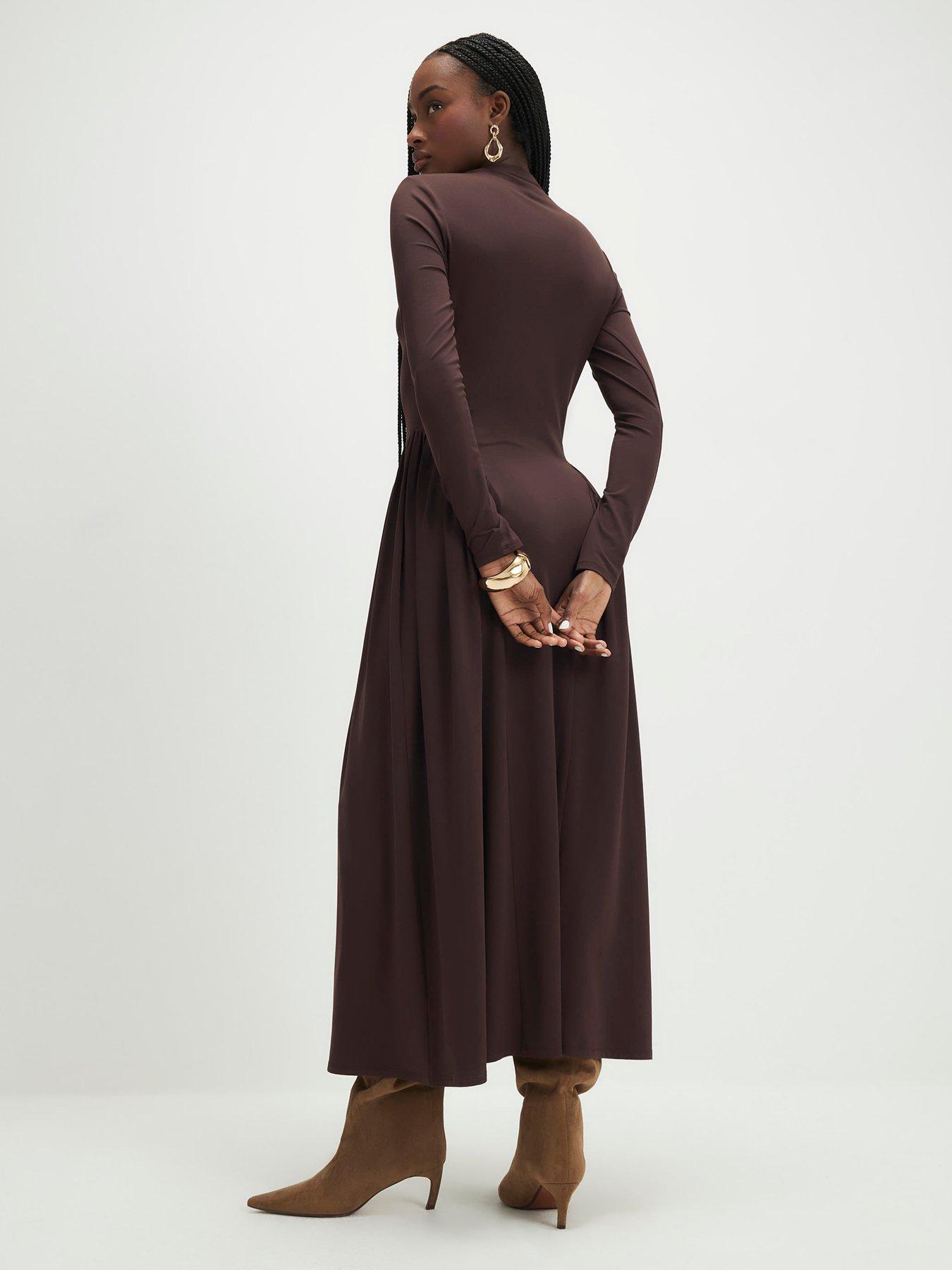River Island Long Sleeve High Neck Waisted Maxi Dress - Brown | Very