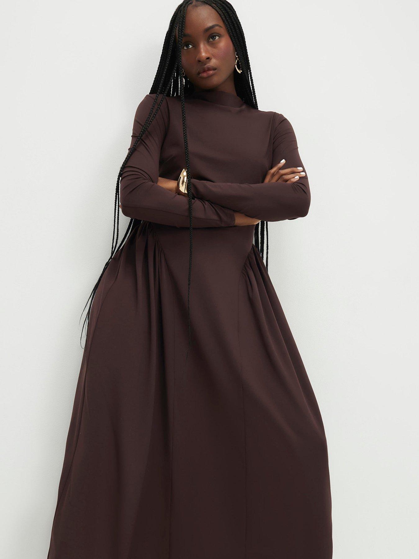 River Island Long Sleeve High Neck Waisted Maxi Dress - Brown | Very