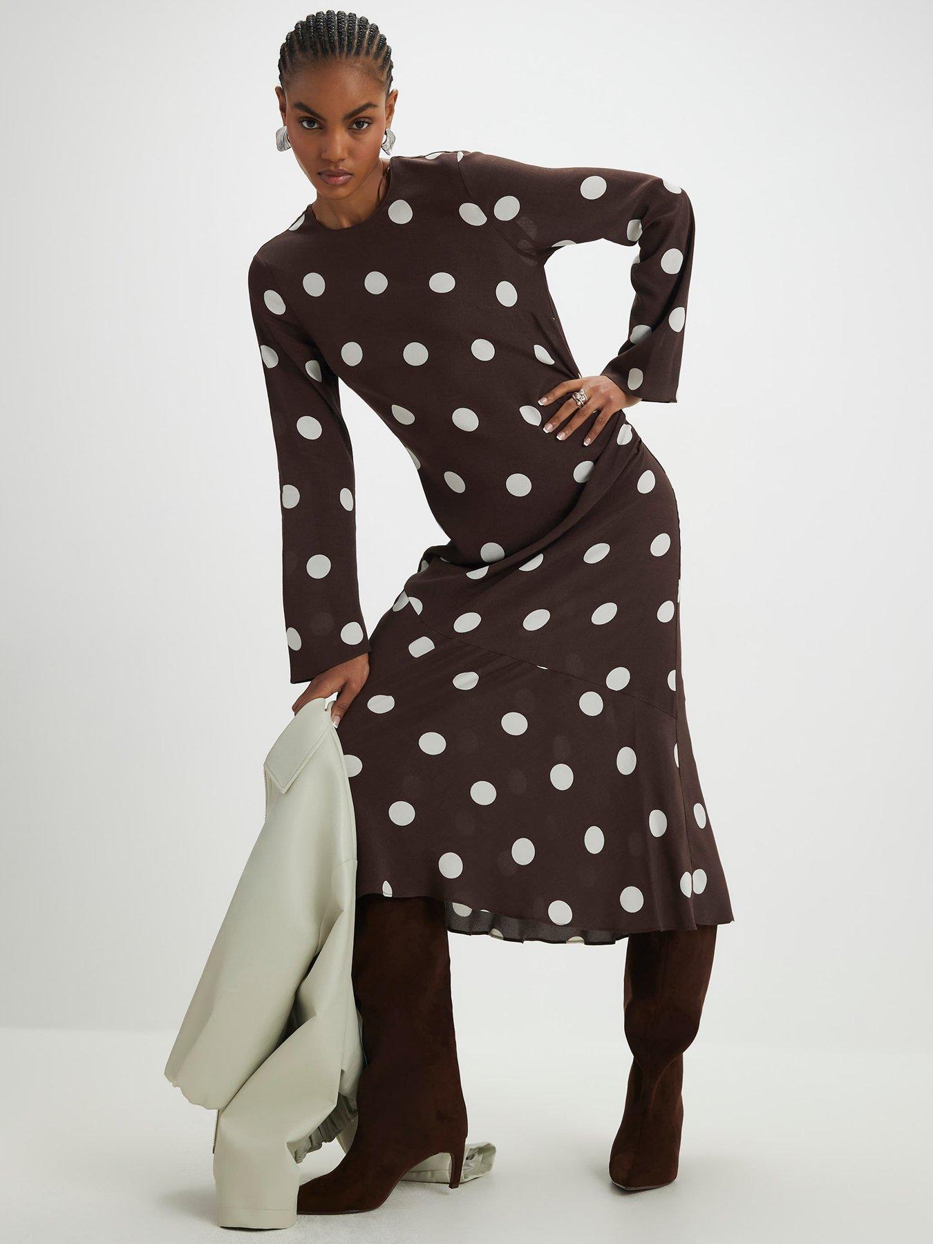 River Island Long Sleeve Spot Print Column Dress - Brown
