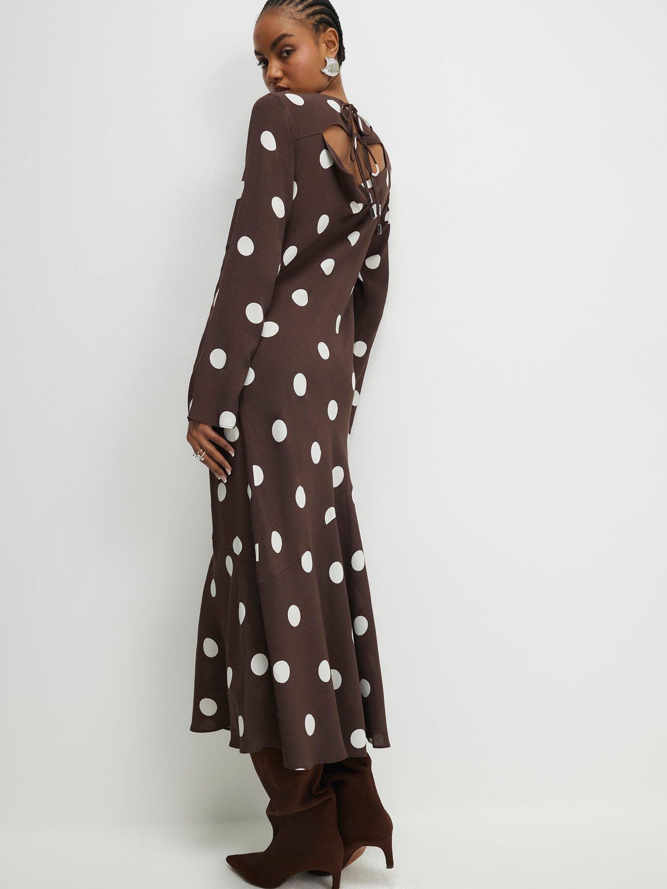 Image 2 of 4 of River Island Long Sleeve Spot Print Column Dress - Brown
