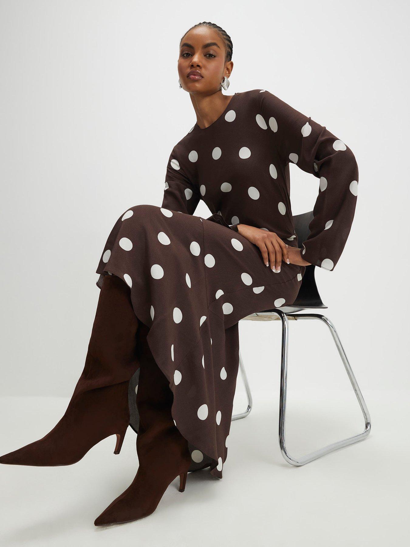 Image 3 of 4 of River Island Long Sleeve Spot Print Column Dress - Brown
