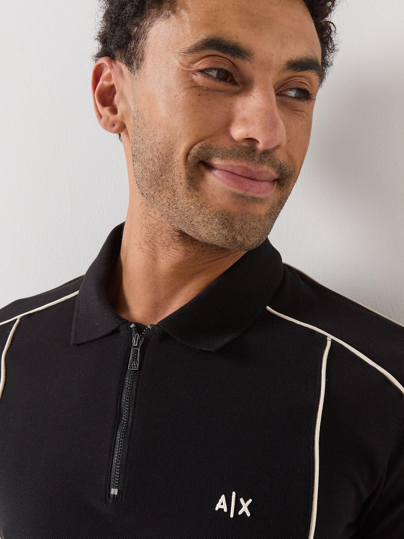 Image 4 of 6 of Armani Exchange Contrast Piping Zip Neck Polo Shirt - Black