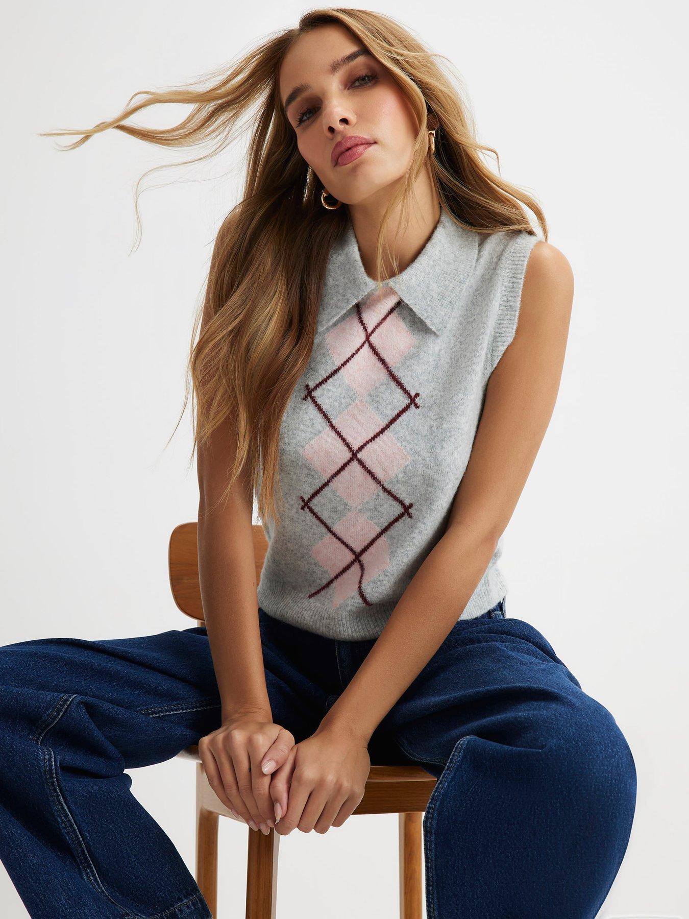 River Island Short Polo Argyle Tank Top - Grey