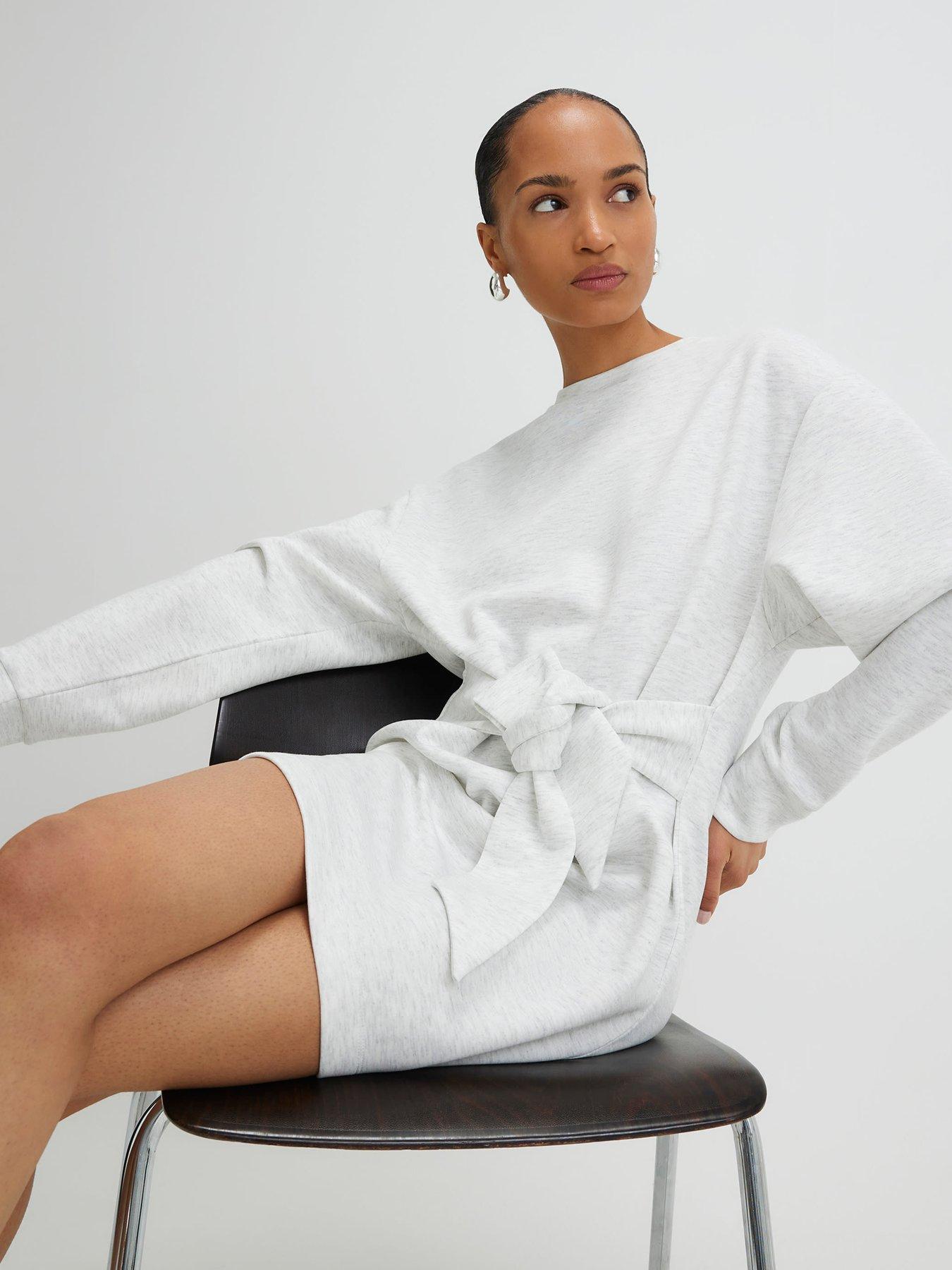 Image 3 of 4 of River Island Long Sleeve Tie Front Mini Sweatshirt Dress - Grey