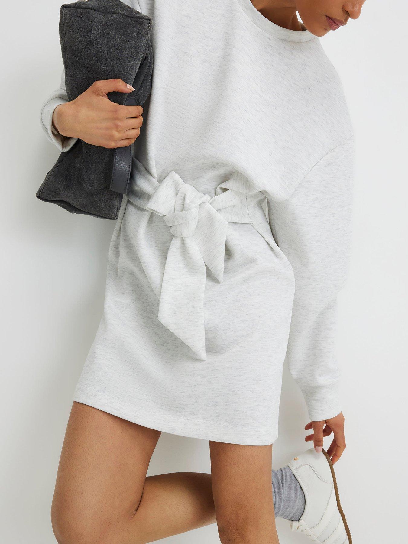 Image 4 of 4 of River Island Long Sleeve Tie Front Mini Sweatshirt Dress - Grey