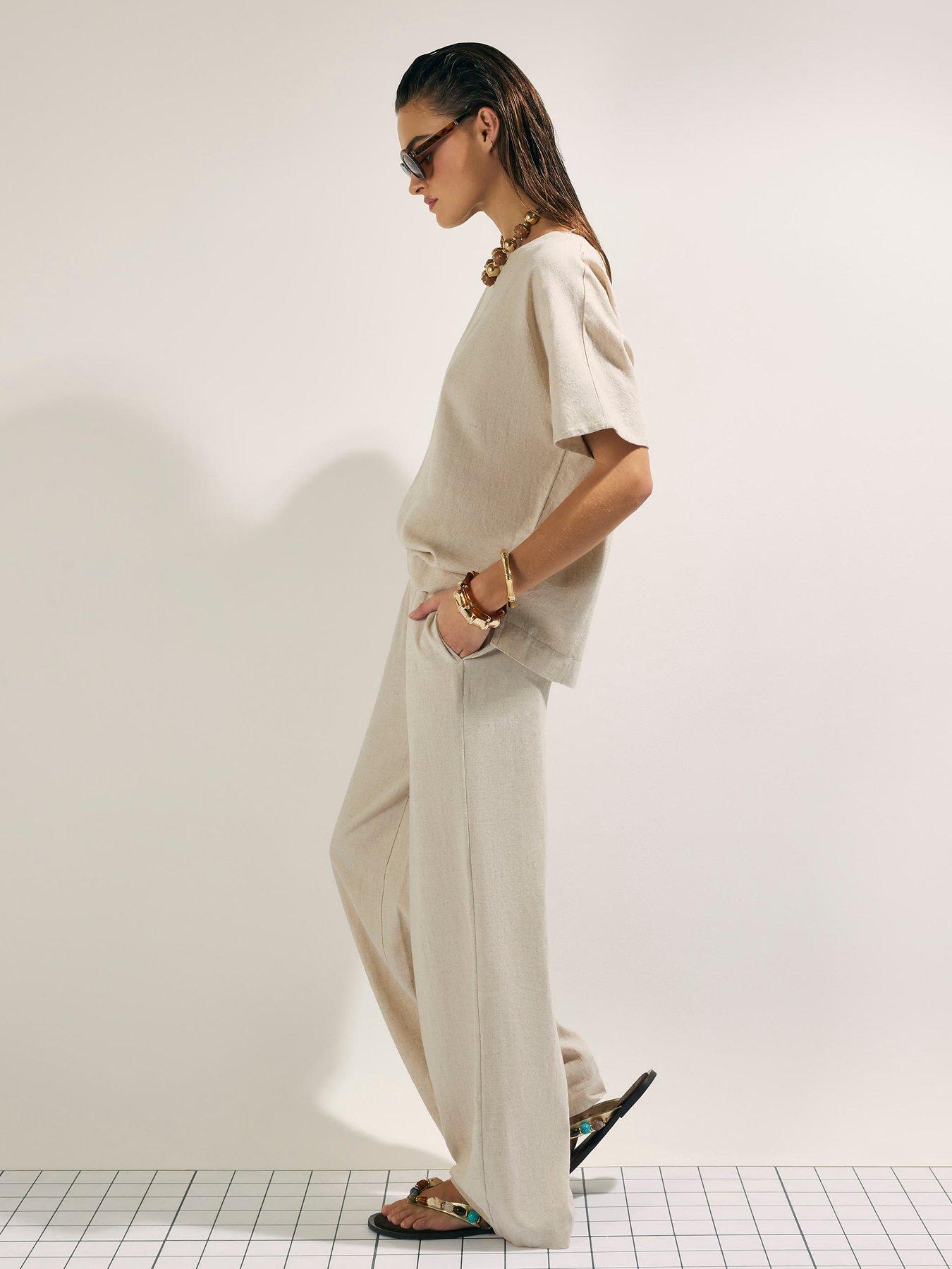River Island Linen Blend Wide Leg Trousers - Beige