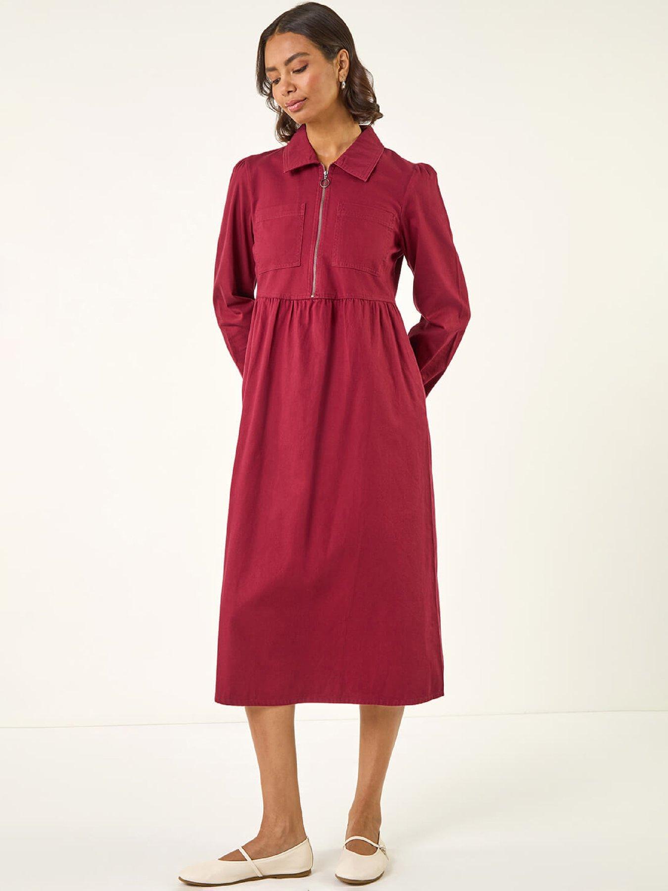 Image 1 of 5 of Roman Zip Front Collared Midi Dress - Red