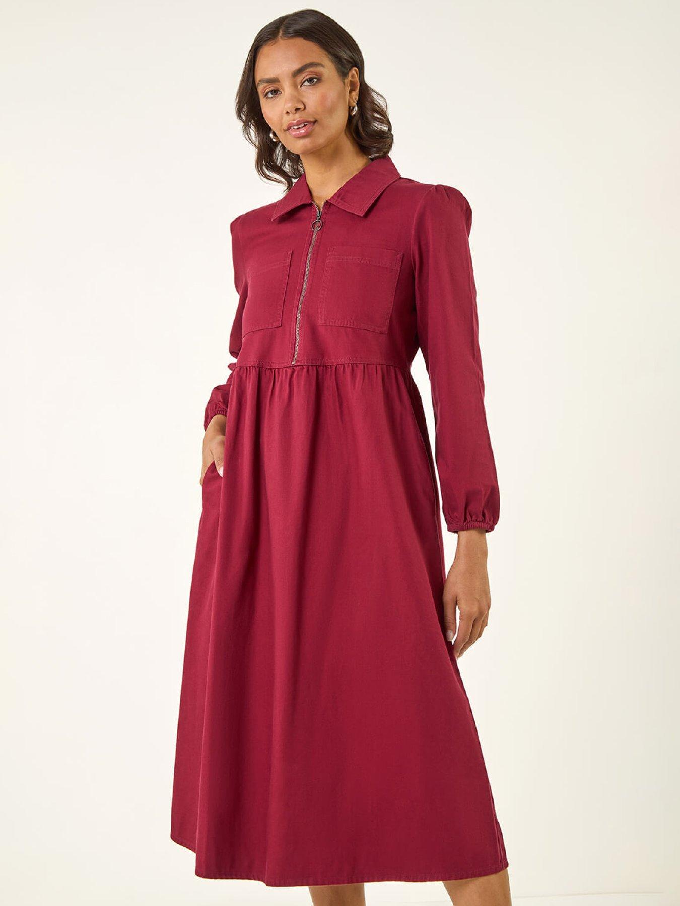 Image 3 of 5 of Roman Zip Front Collared Midi Dress - Red