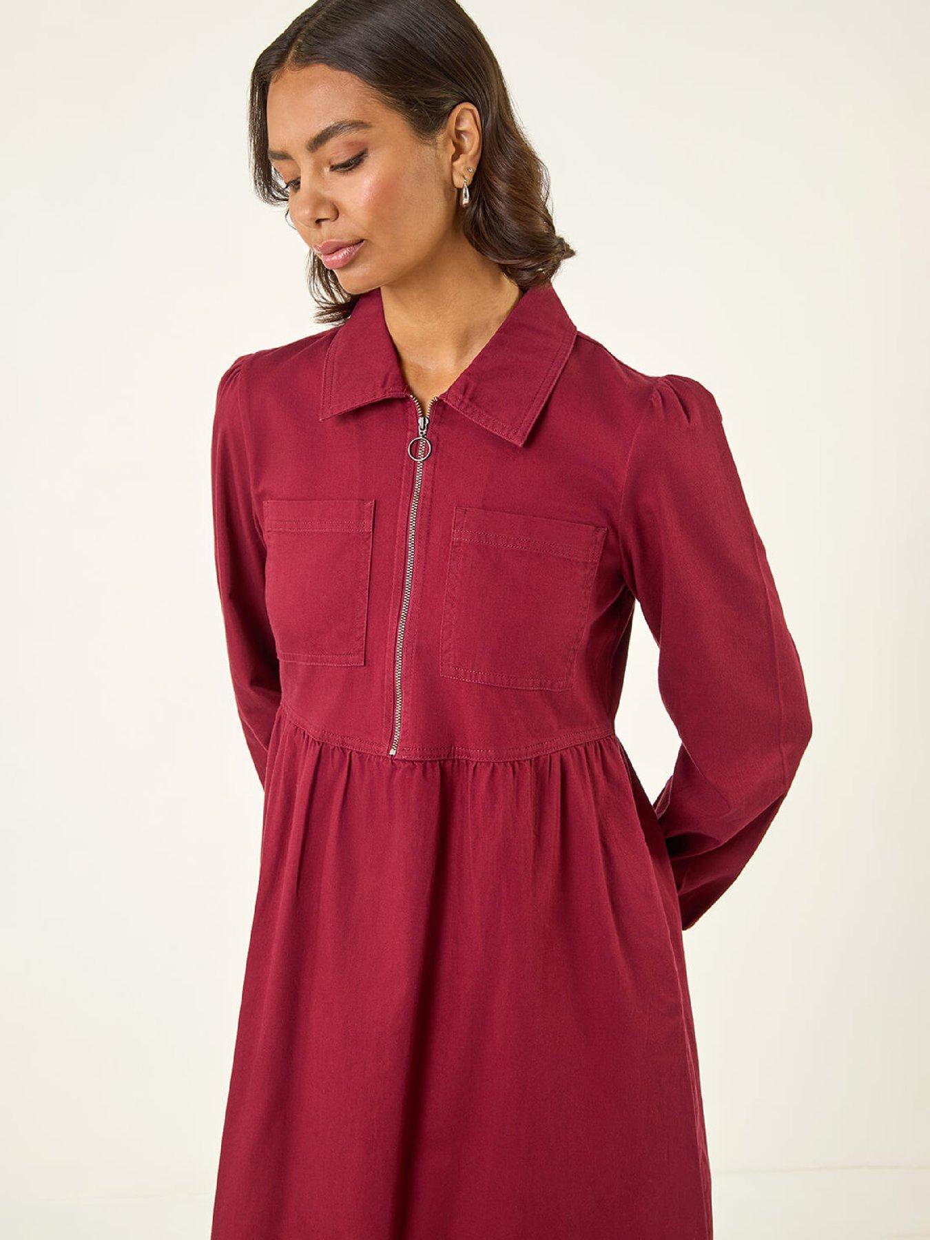 Image 4 of 5 of Roman Zip Front Collared Midi Dress - Red