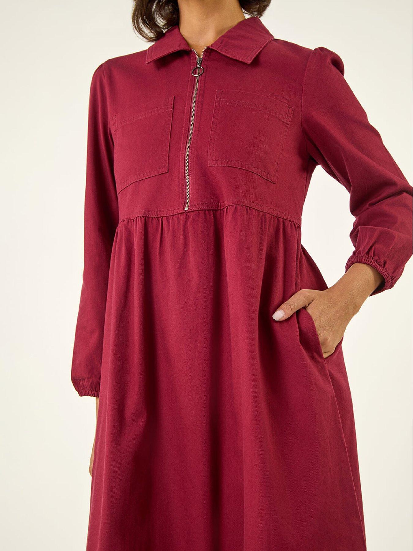 Image 5 of 5 of Roman Zip Front Collared Midi Dress - Red