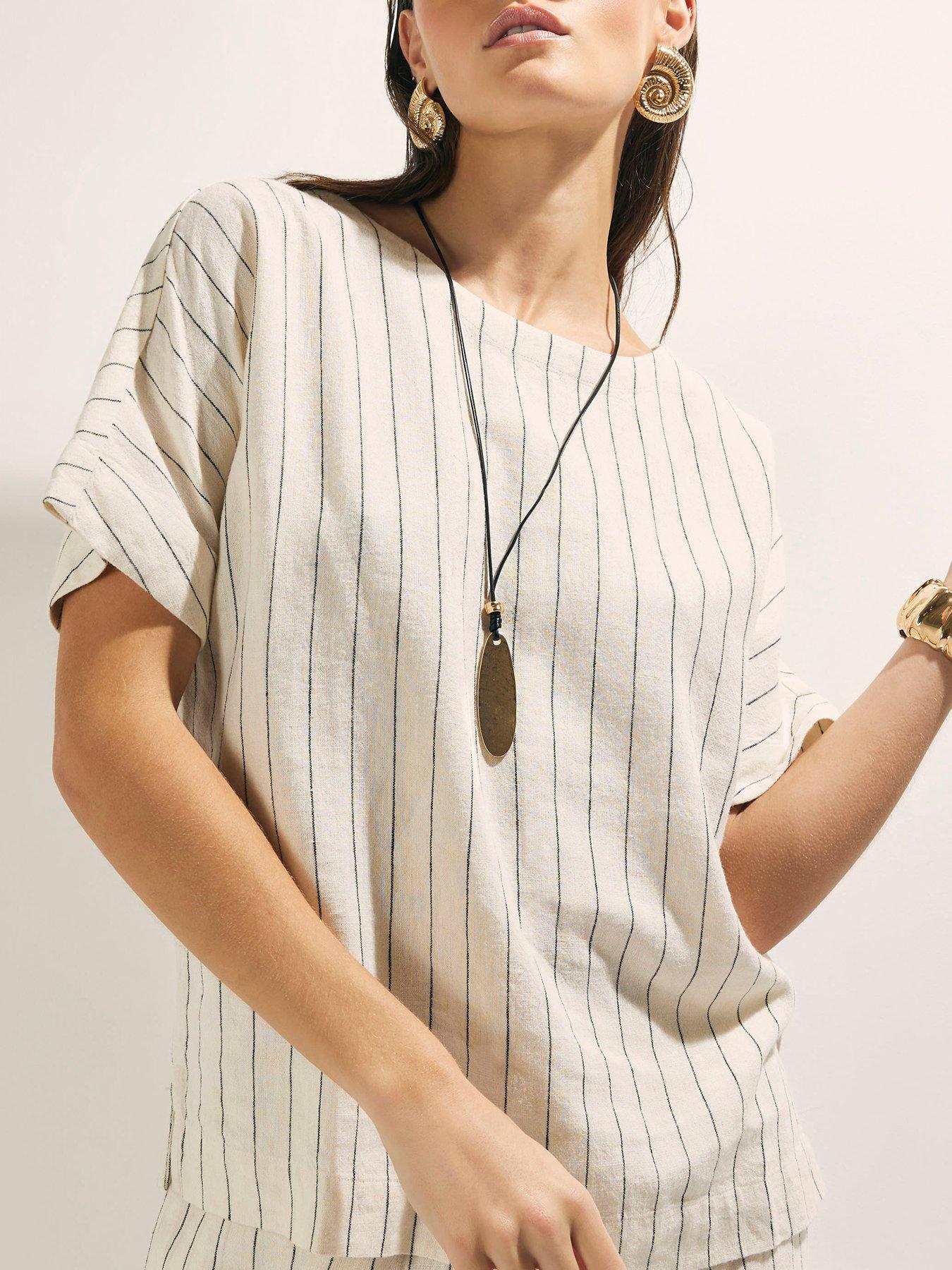 River Island Striped Linen Blend T-Shirt - Beige