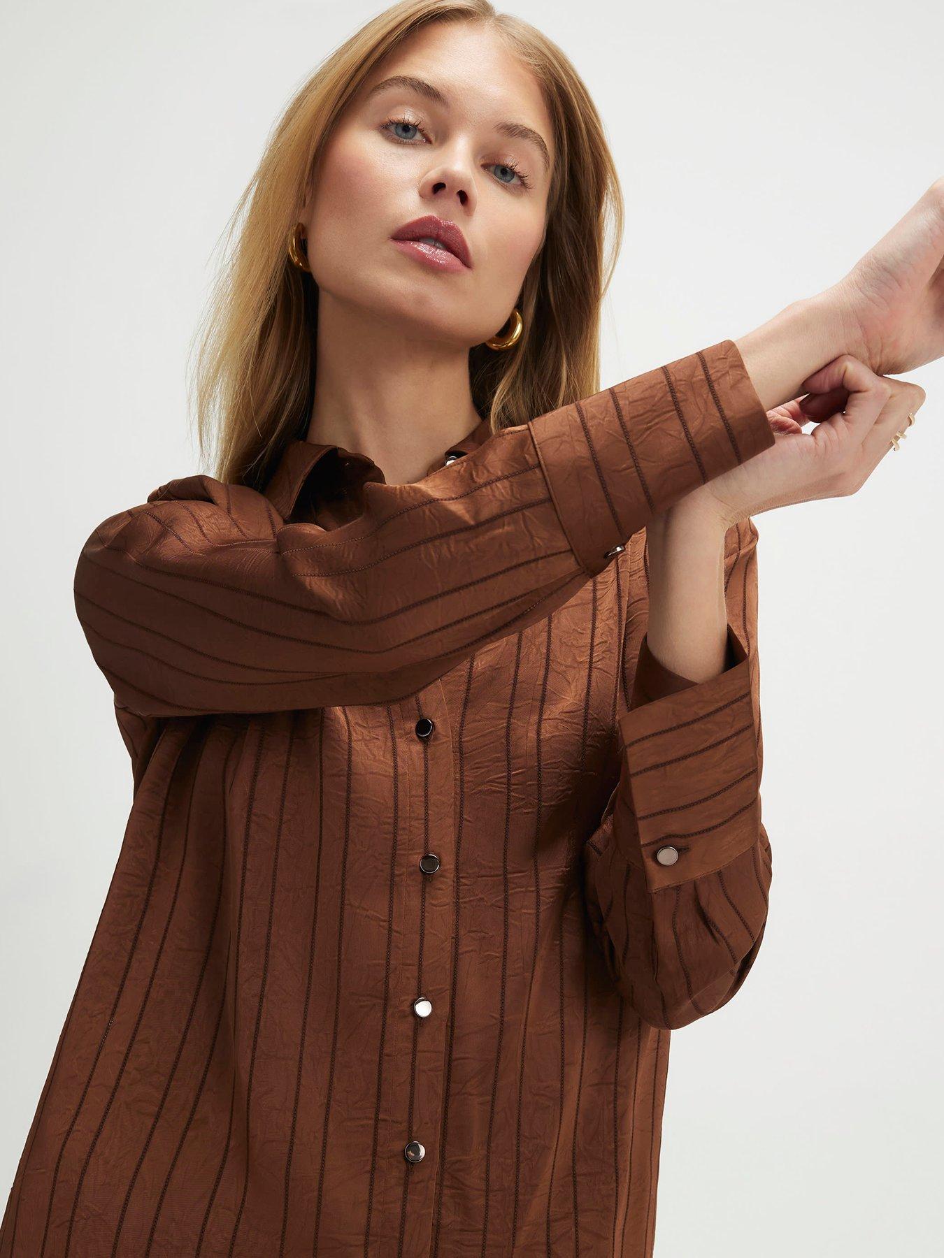 Image 4 of 4 of River Island Stripe Crinkle Blouse - Brown