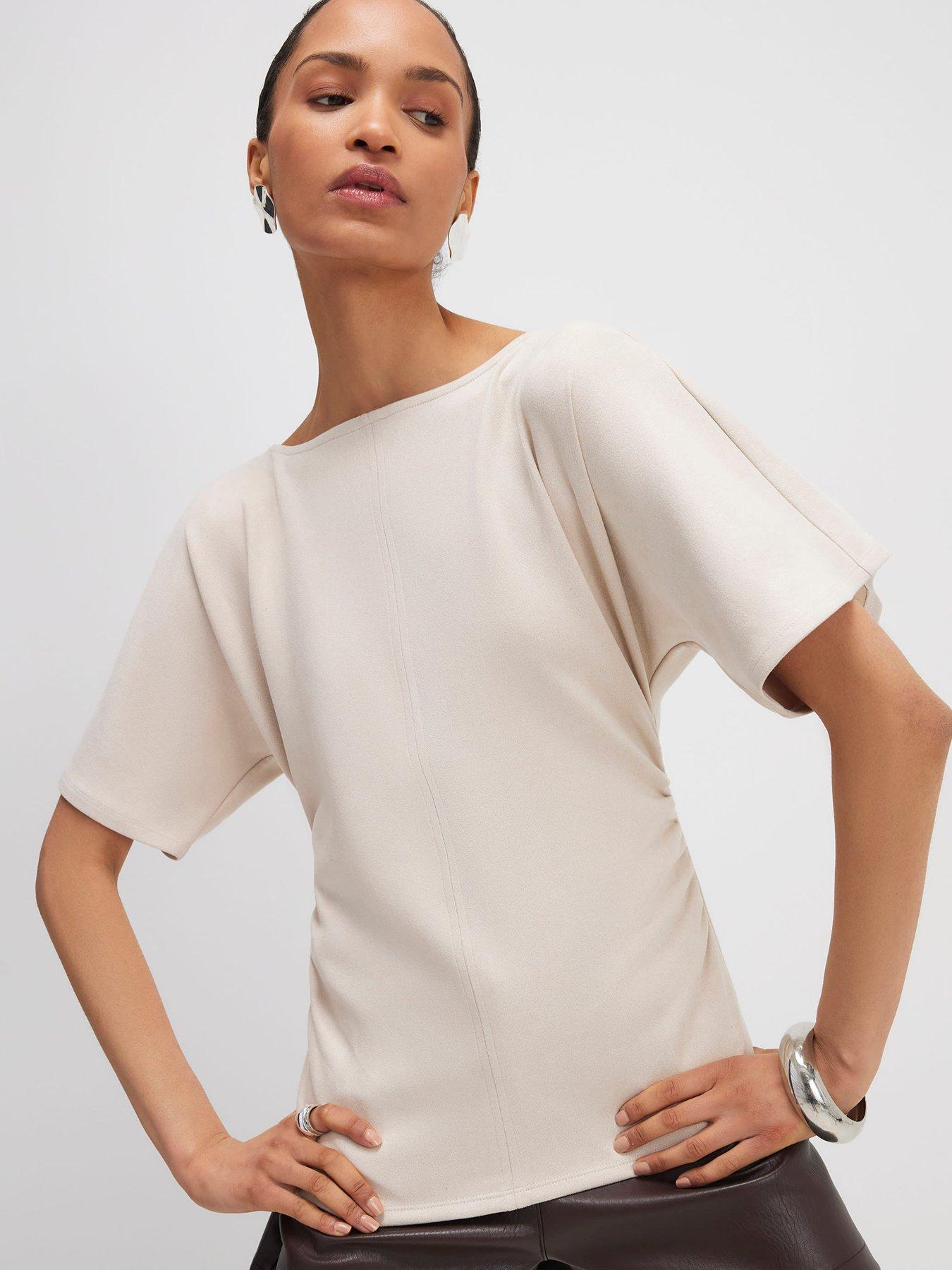 River Island Short Sleeve Ruched Side Suedette Top - Beige