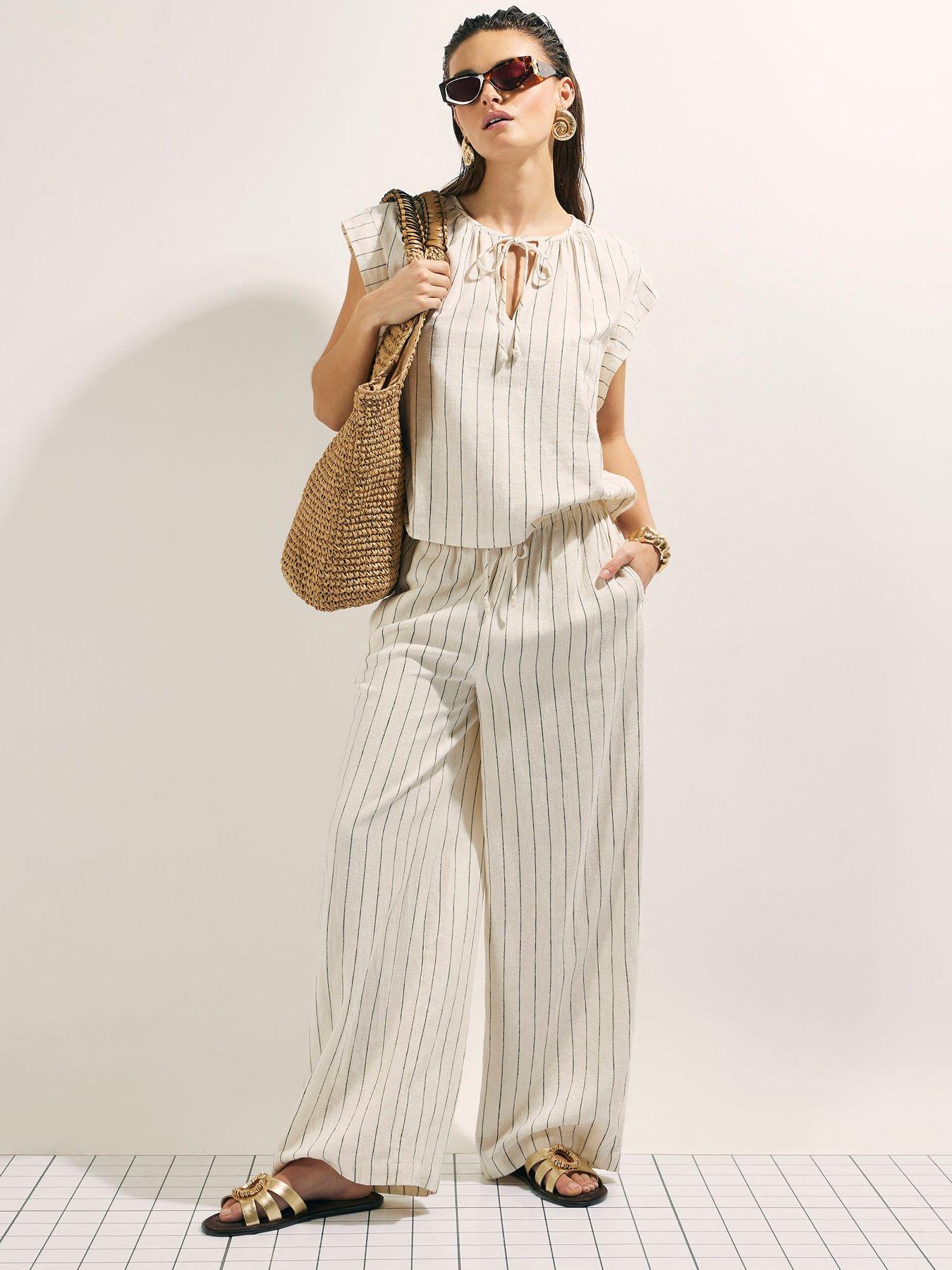 River Island Linen Blend Striped Trousers - Beige