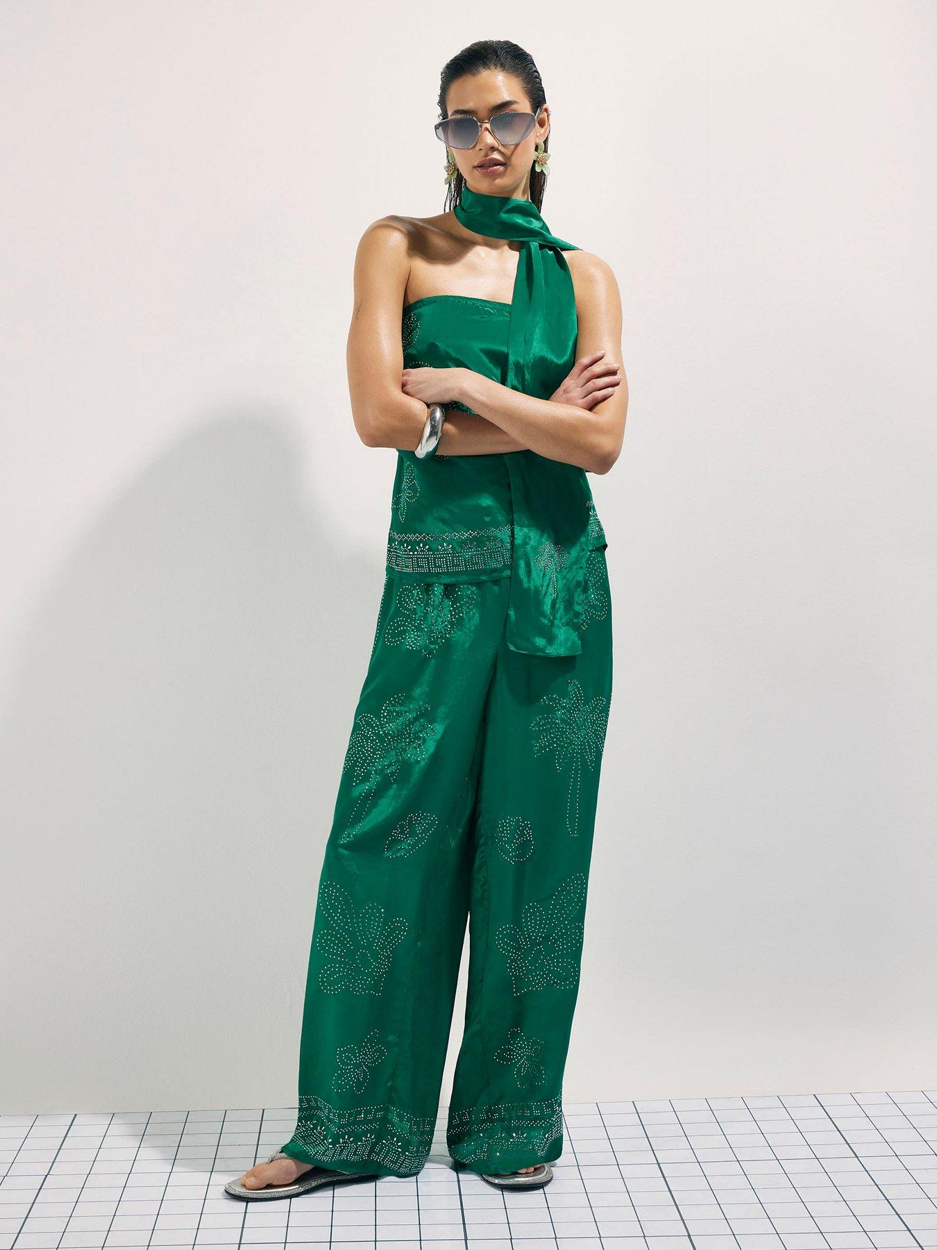 River Island Heat Seal Wide Leg Trouser - Green