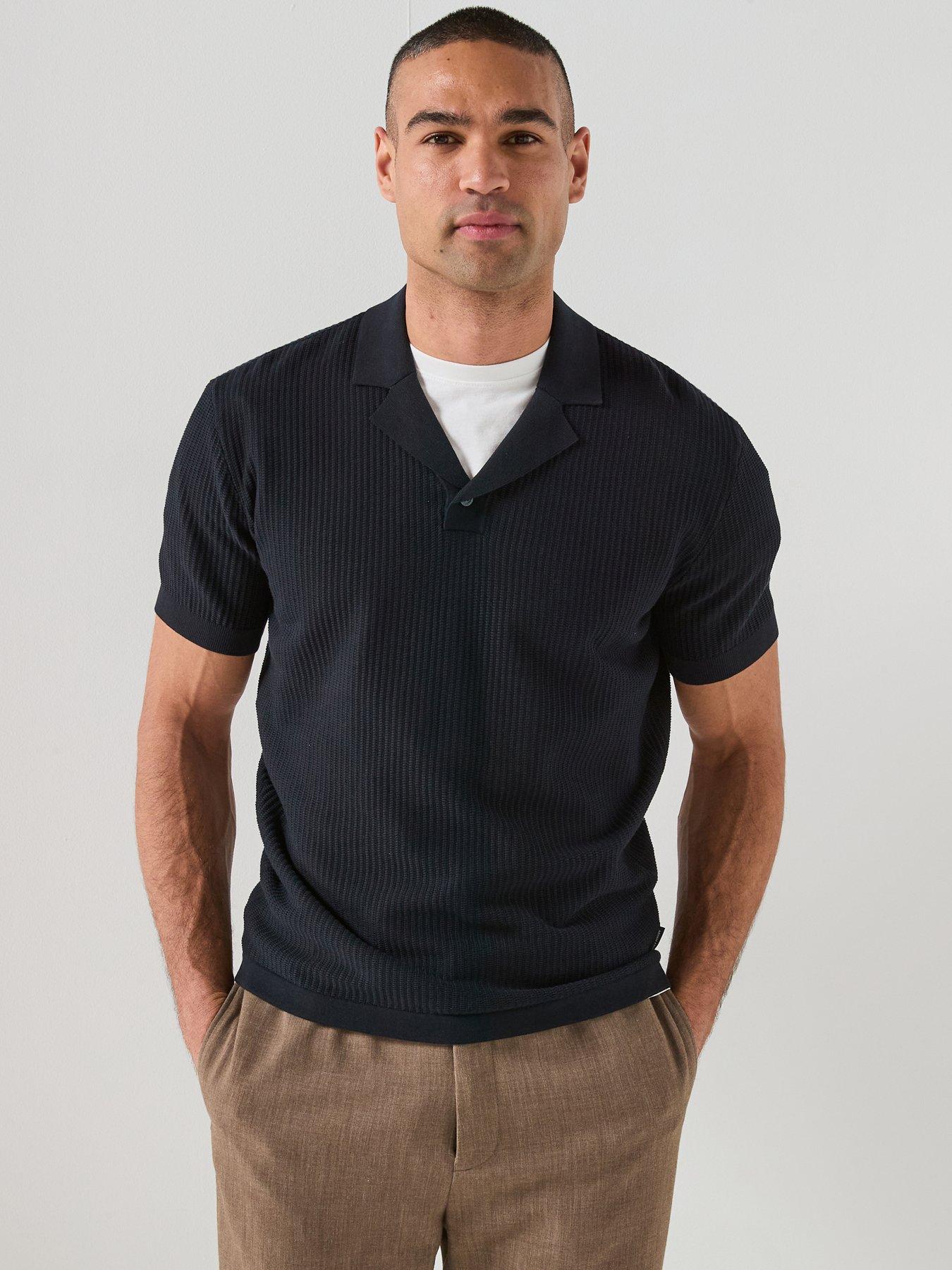 Armani Exchange Knitted Open Collar Polo Shirt, Navy, Size M, Men