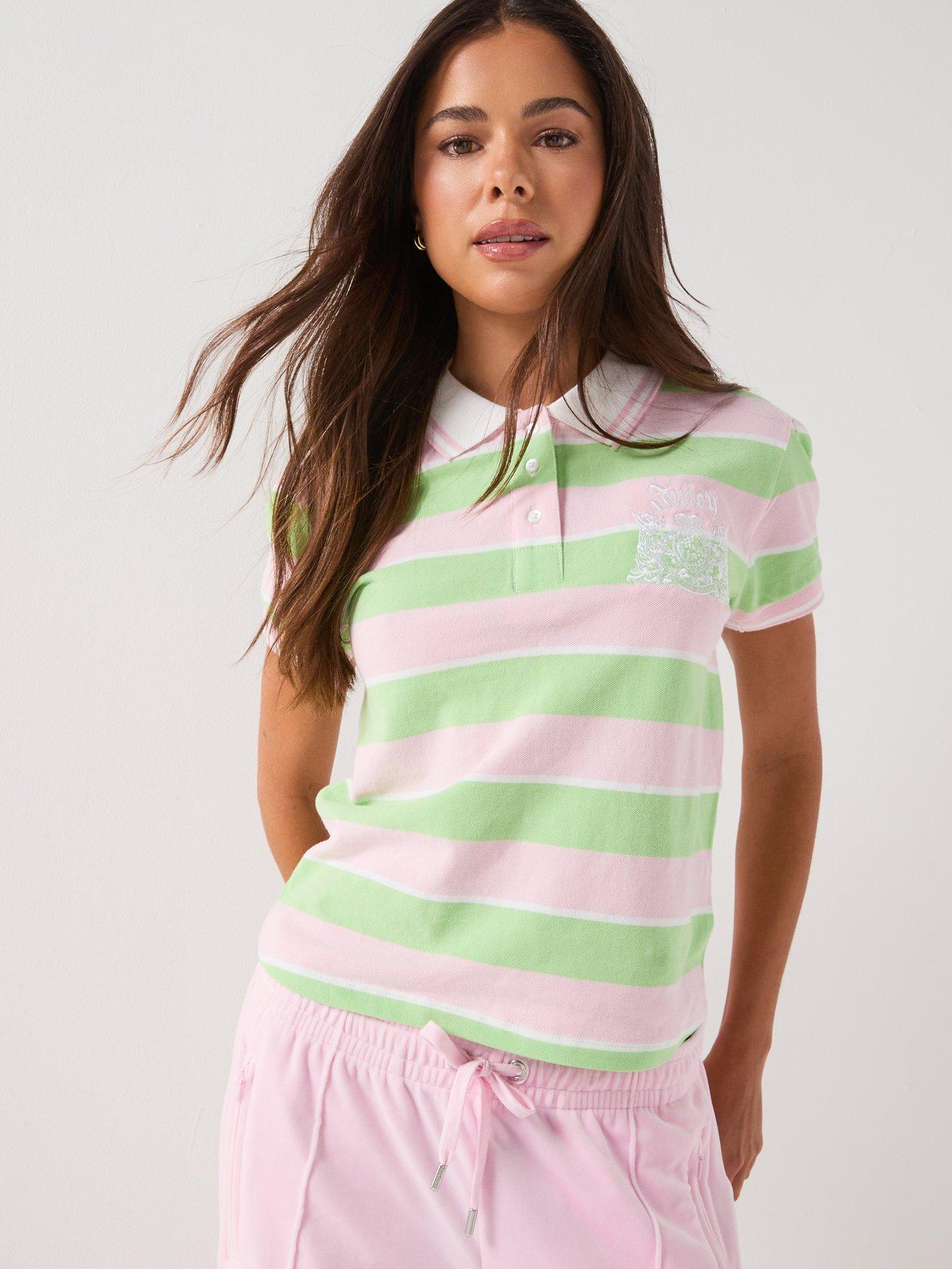Image 1 of 6 of Juicy Couture Puff Sleeve Polo Top - Green/Pink