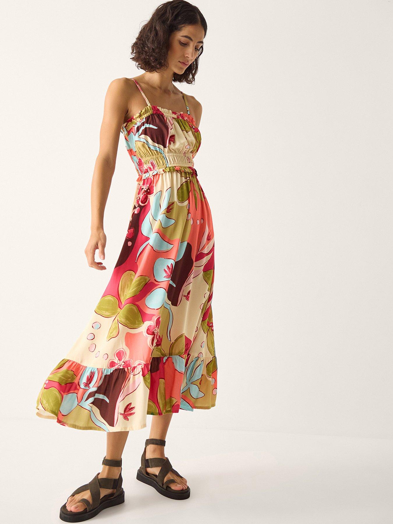 Image 1 of 5 of Monsoon Iris Floral Print Bandeau Dress - Orange