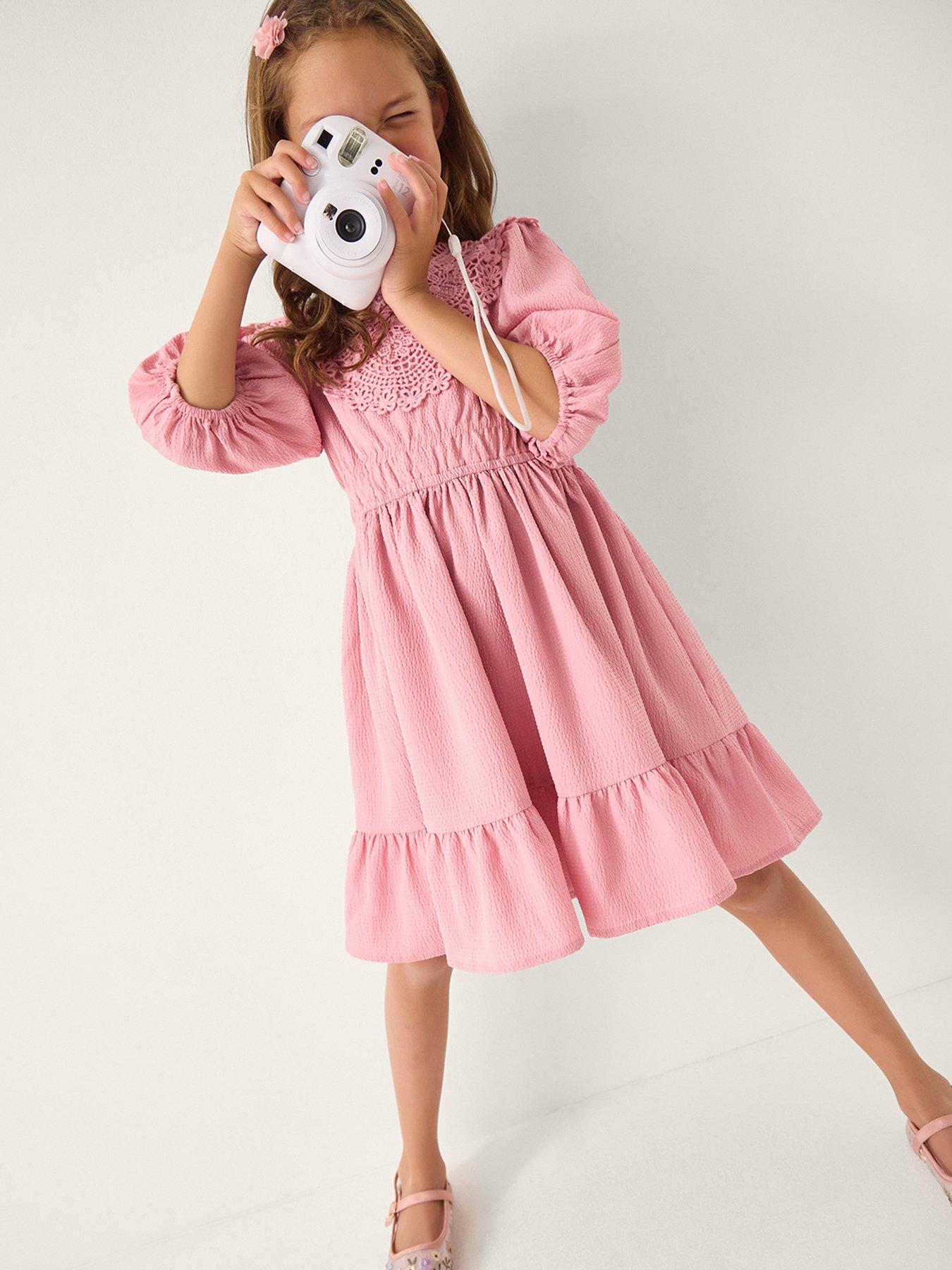 Monsoon Girls Crochet Yoke Dress - Pink