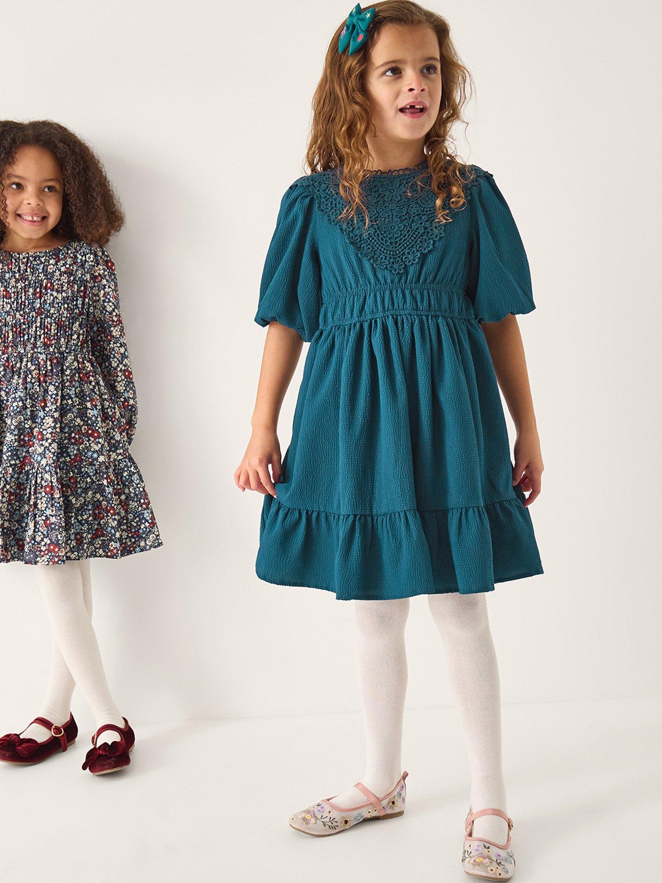 Monsoon Girls Crochet Yoke Dress - Navy