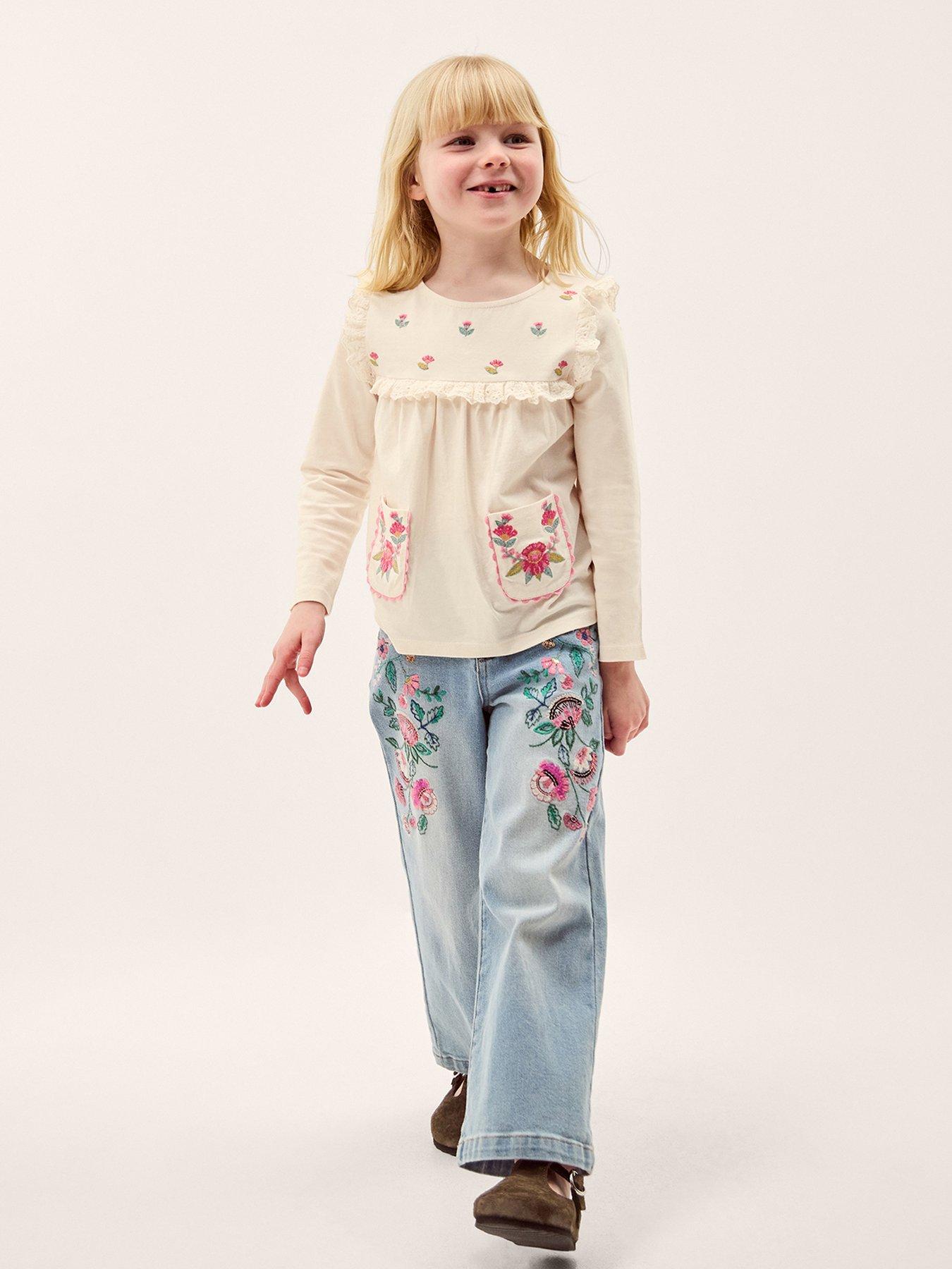 Monsoon Girls Long Sleeve Embroidered Yoke Pocket Tshirt - Light Cream