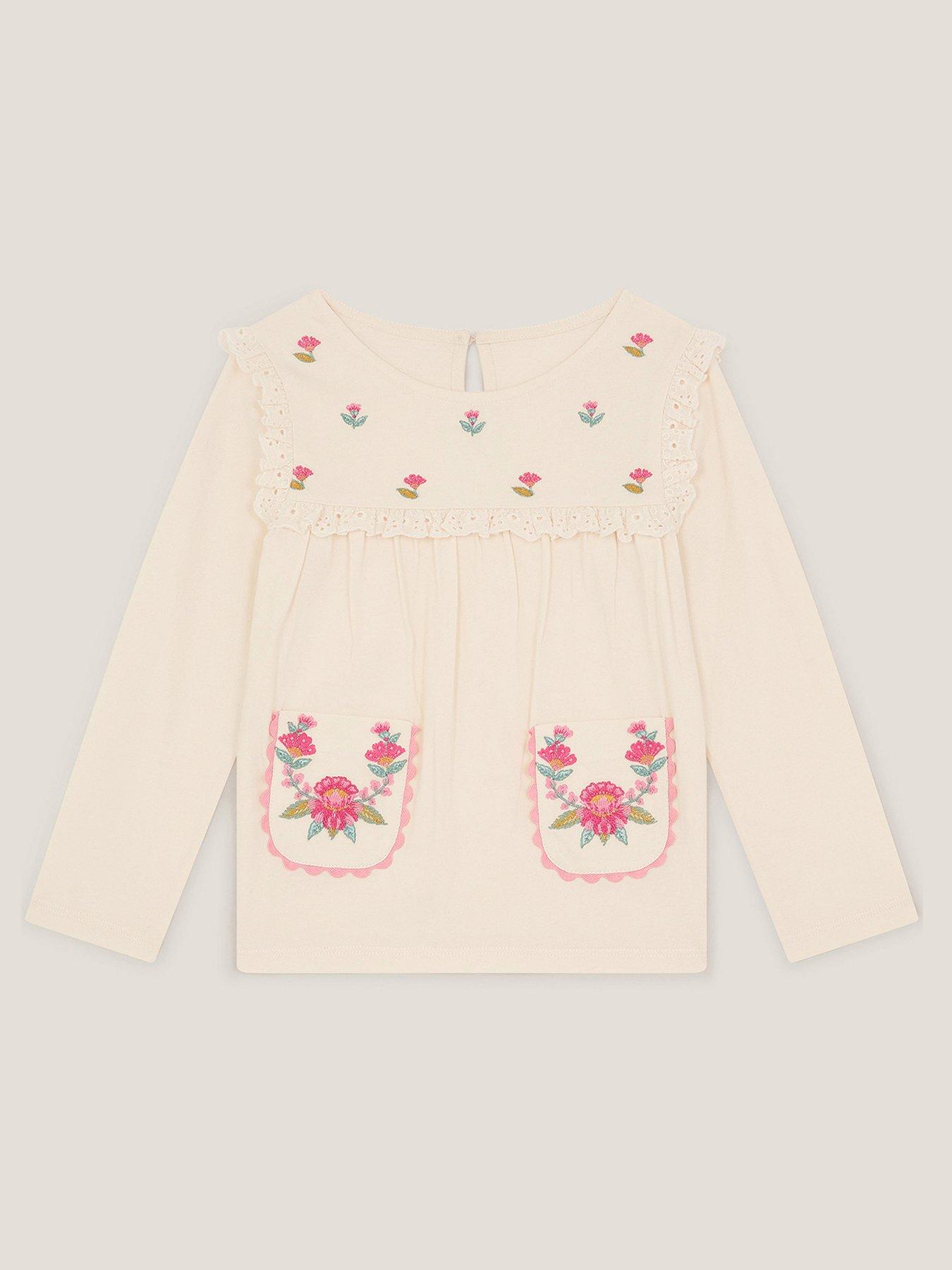 Monsoon Girls Long Sleeve Embroidered Yoke Pocket Tshirt - Light Cream