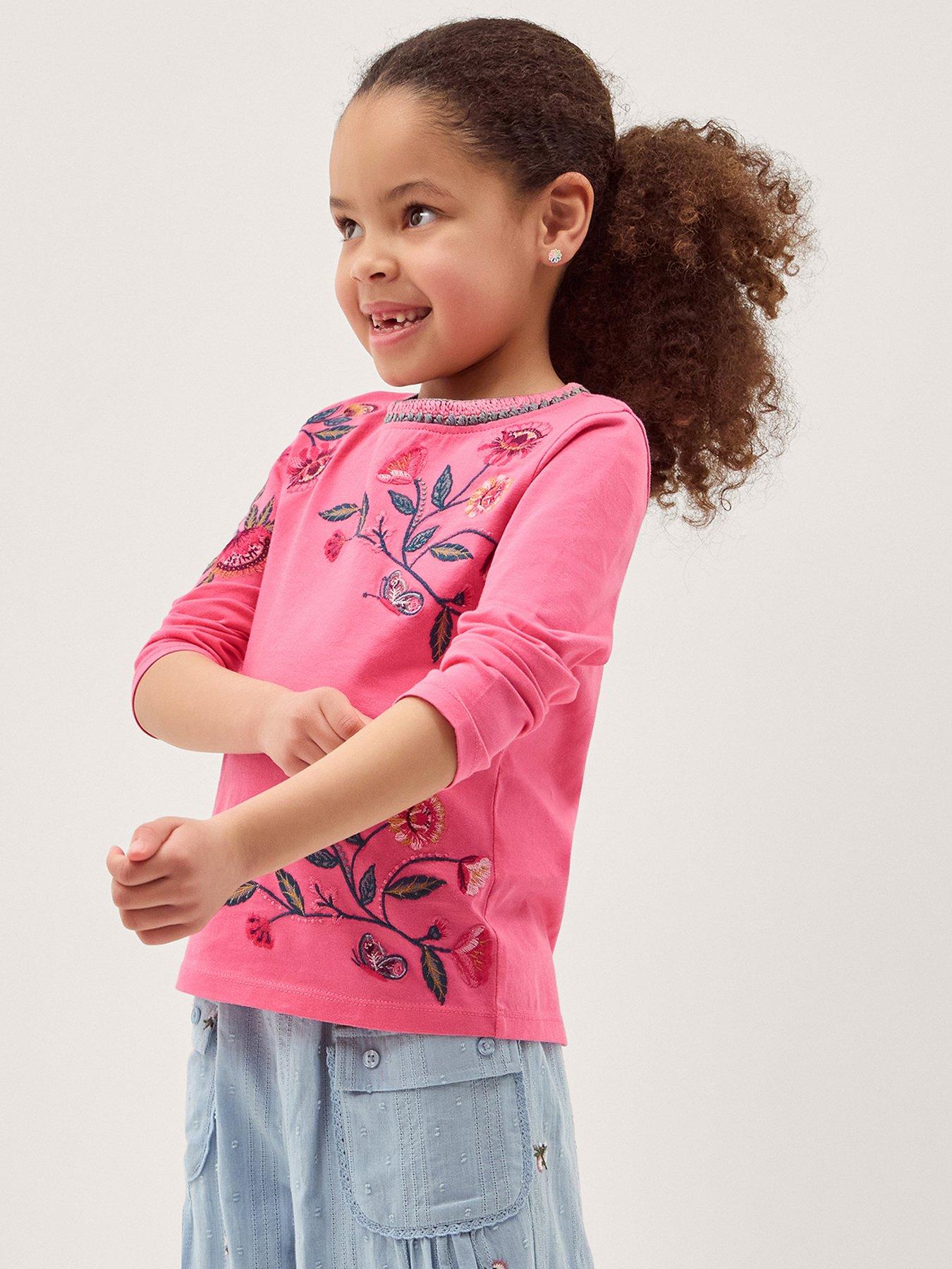 Monsoon Girls Long Sleeve Crochet Craft Tshirt - Pink