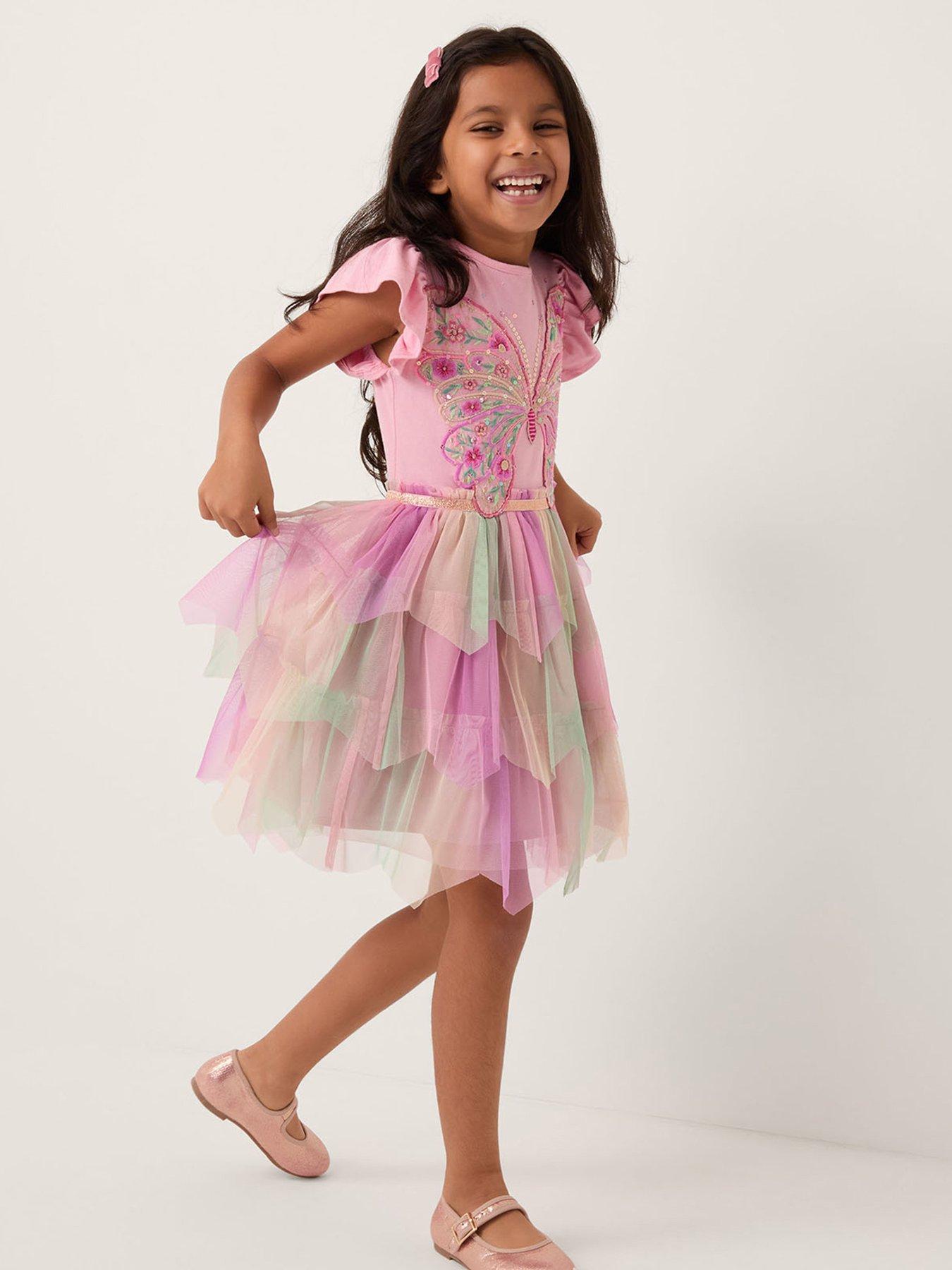 Image 1 of 4 of Monsoon Girls Butterfly Embroidered Disco Dress - Pink